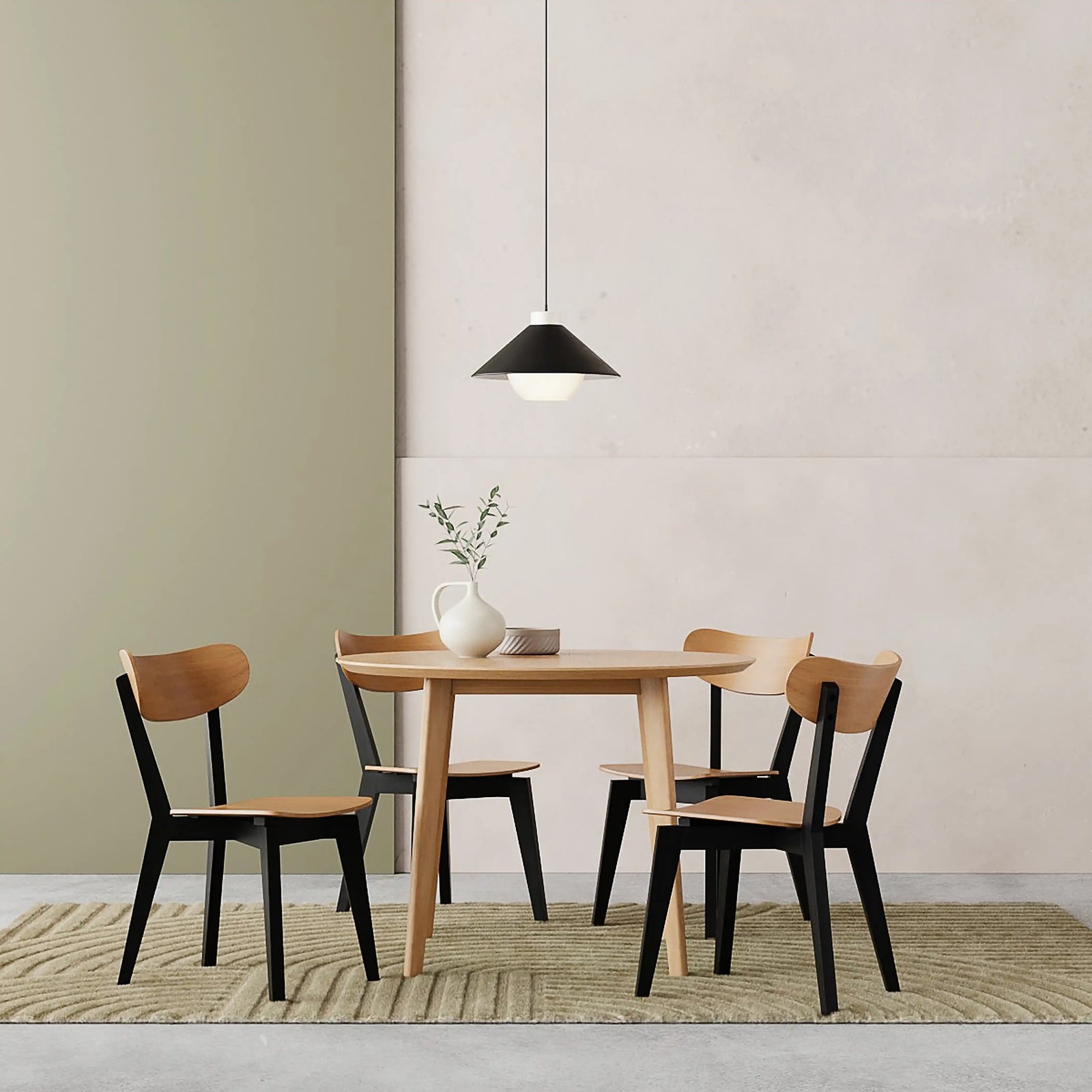 Roxby 4 Chairs Round Table Dining Set | Oak & Black