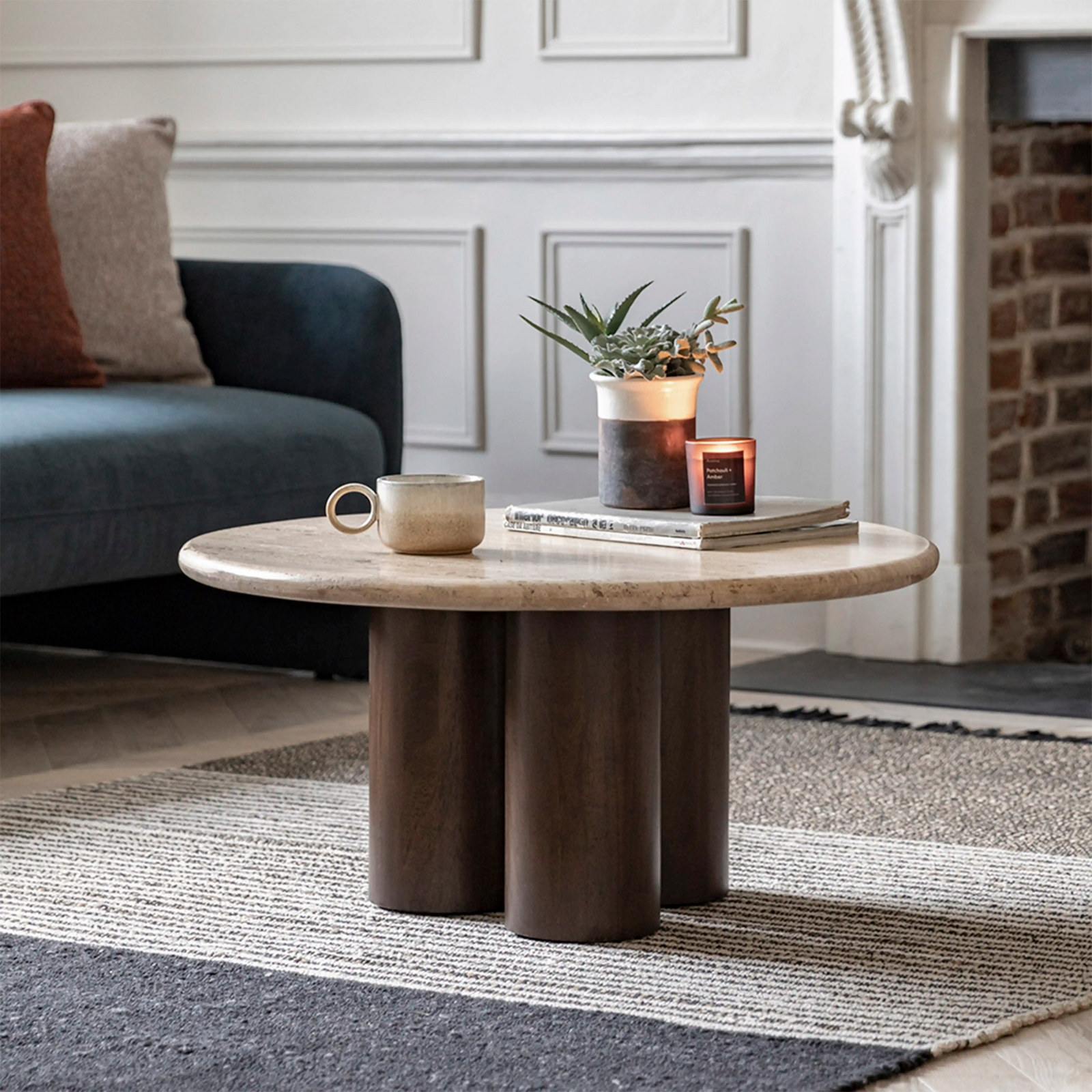 Inca Round Wooden Coffee Table | Dark Mango Wood & Travertine