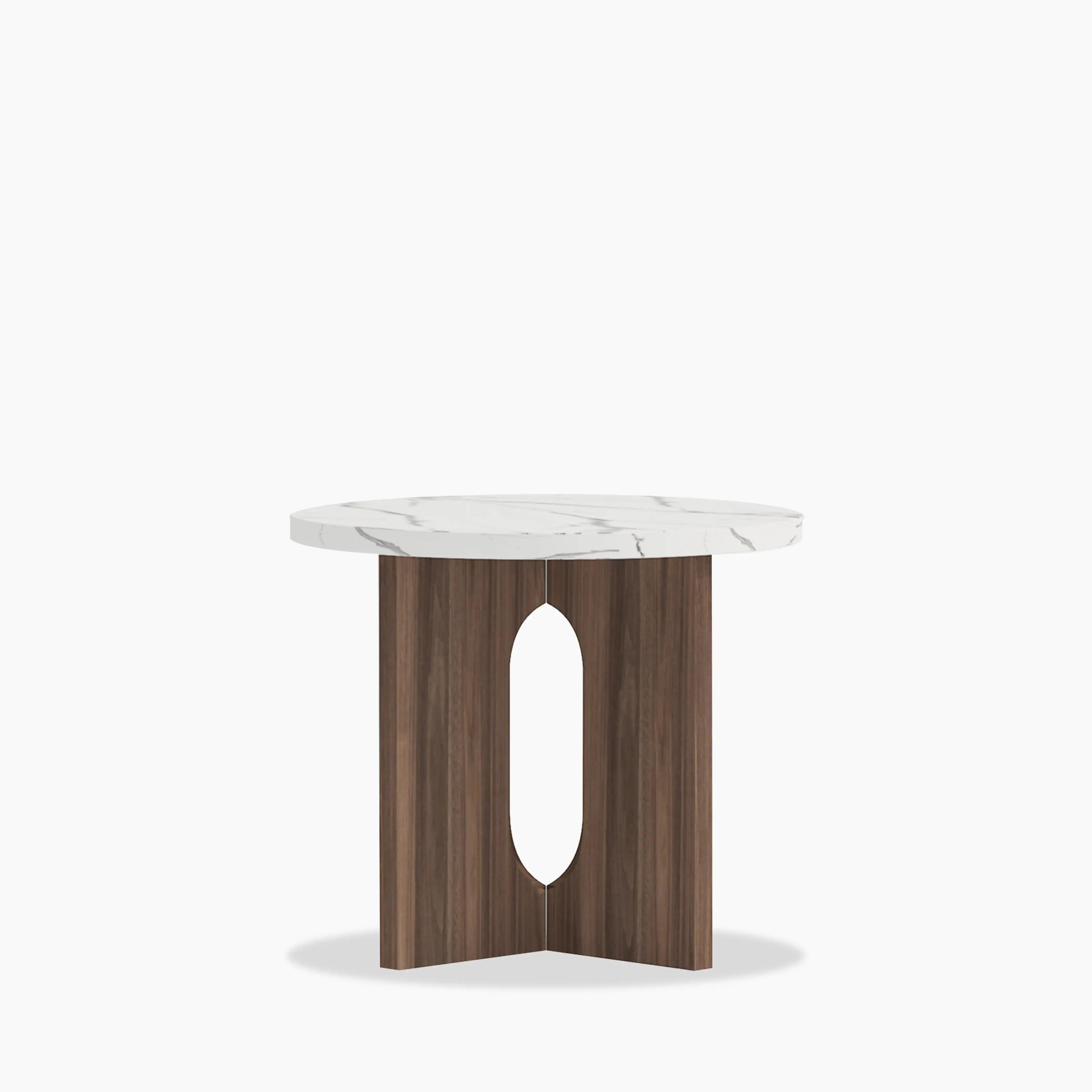Moreton Round Side Table | White Marble Effect & Walnut