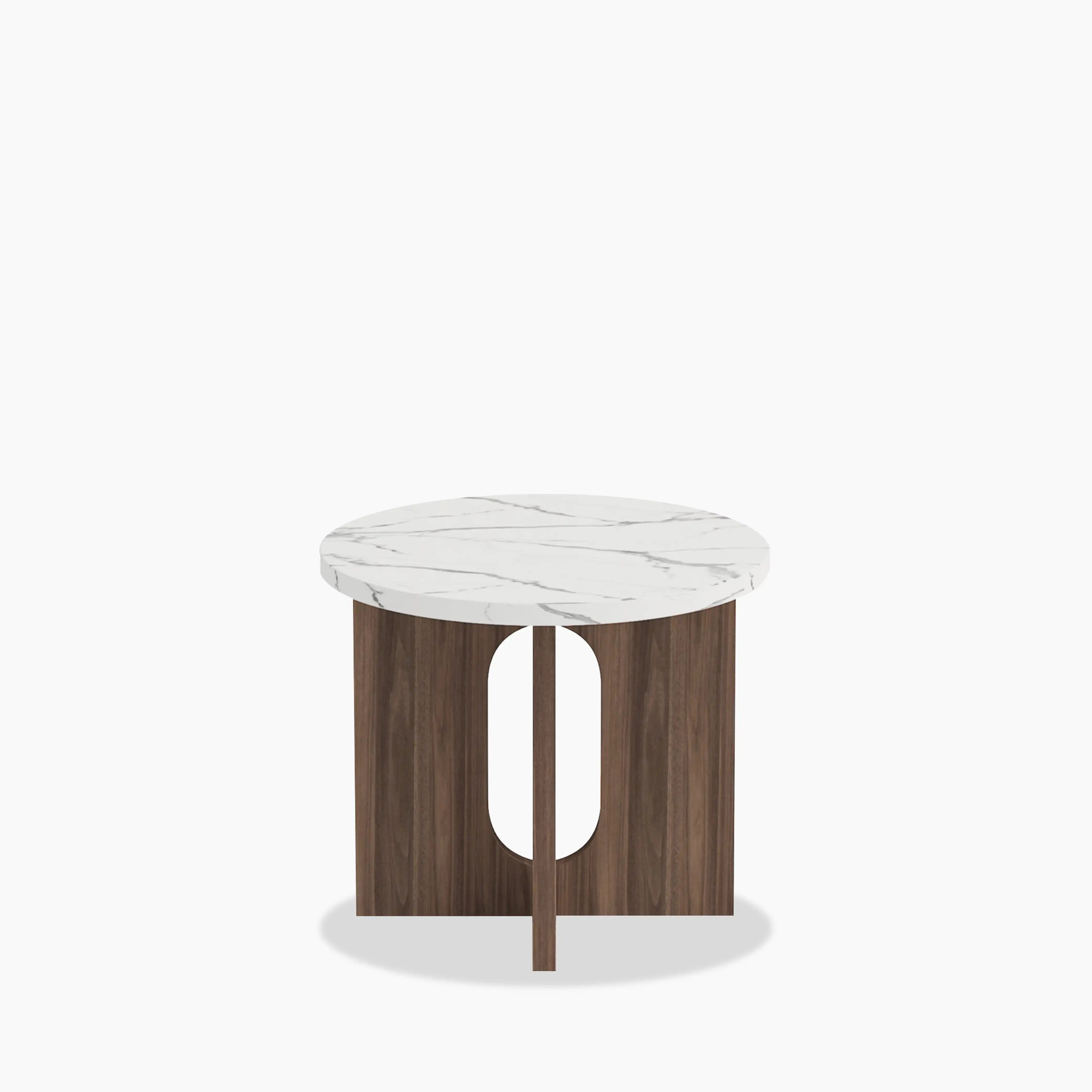 Moreton Round Side Table | White Marble Effect & Walnut