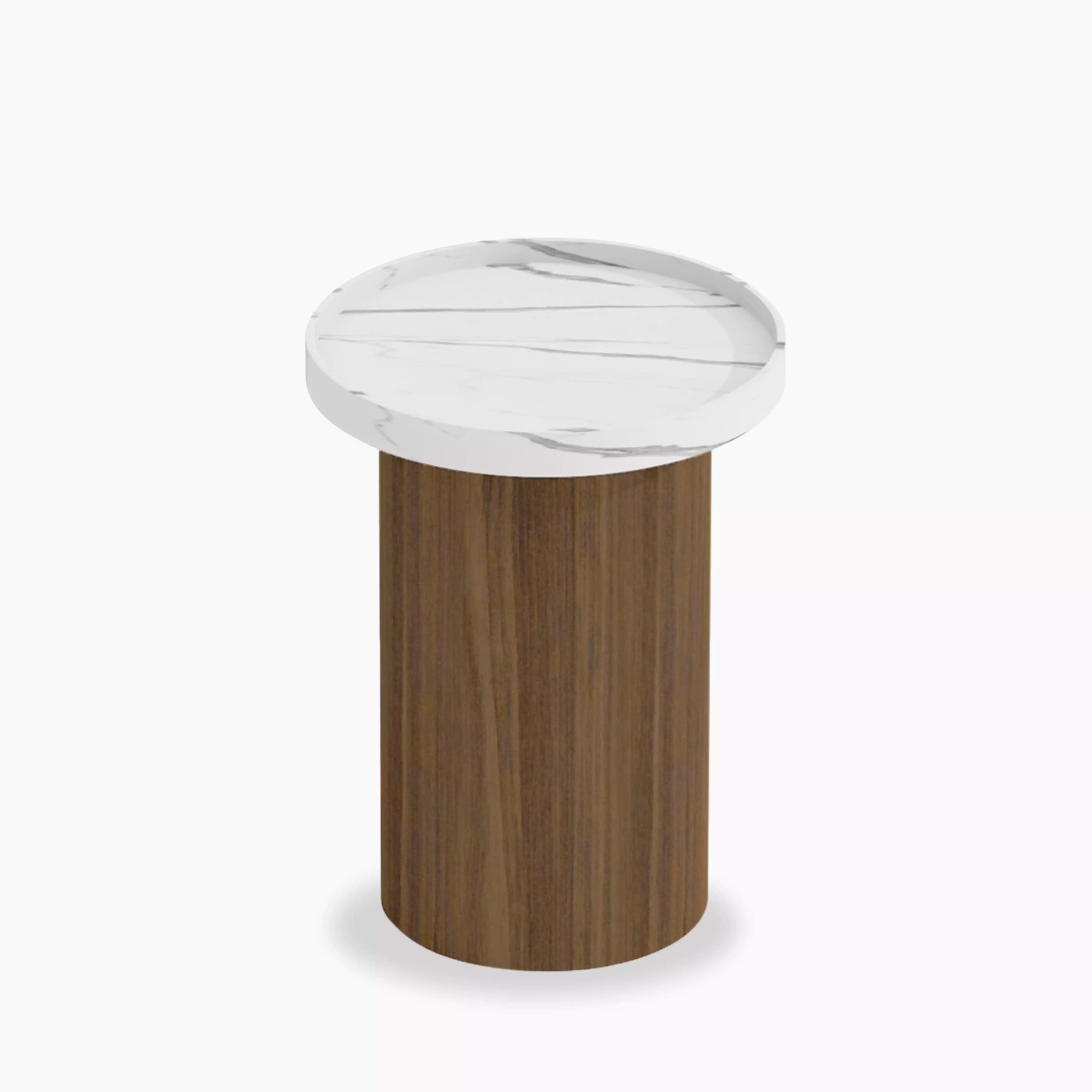 Raya Round Side Table | White Marble Effect & Walnut