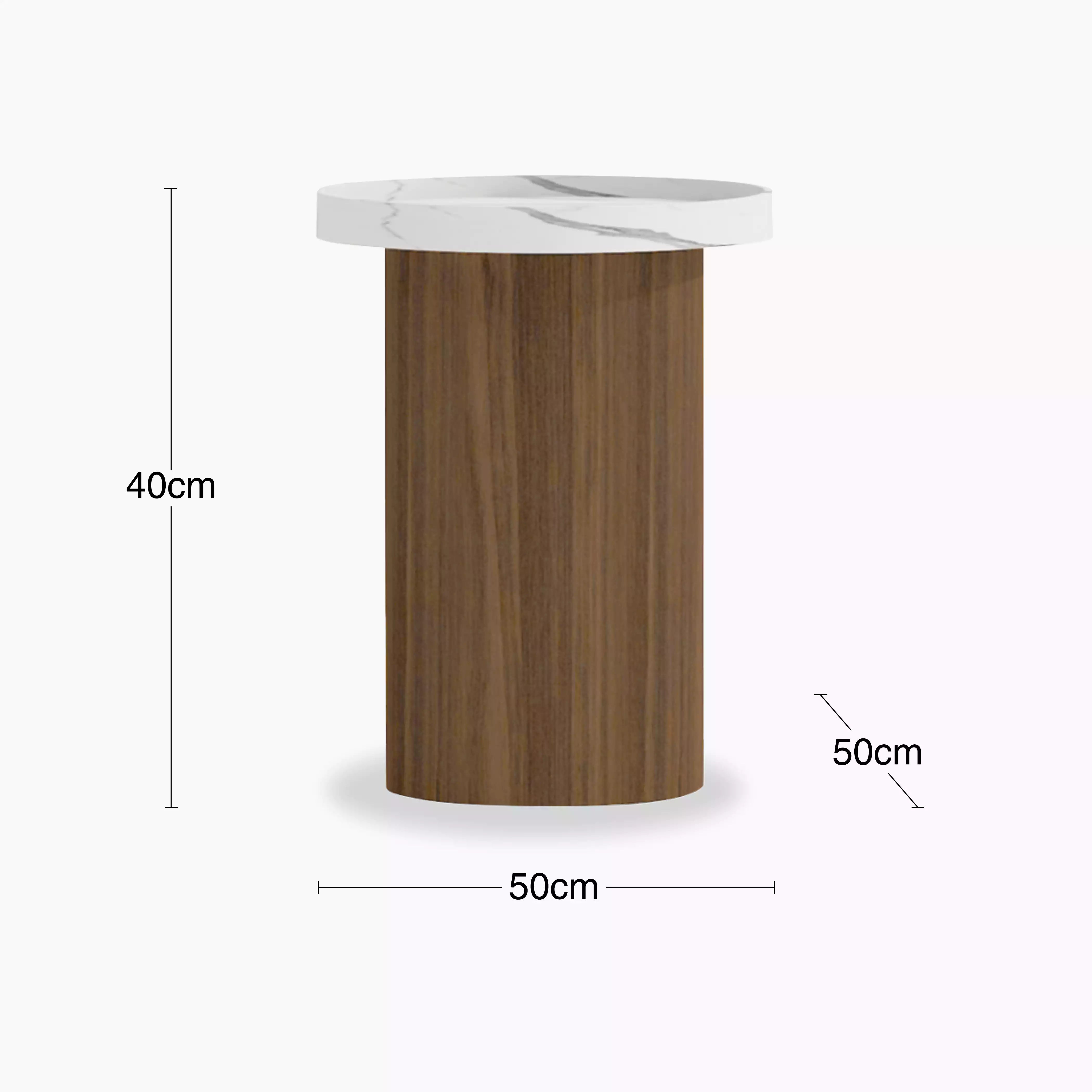 Raya Round Side Table | White Marble Effect & Walnut
