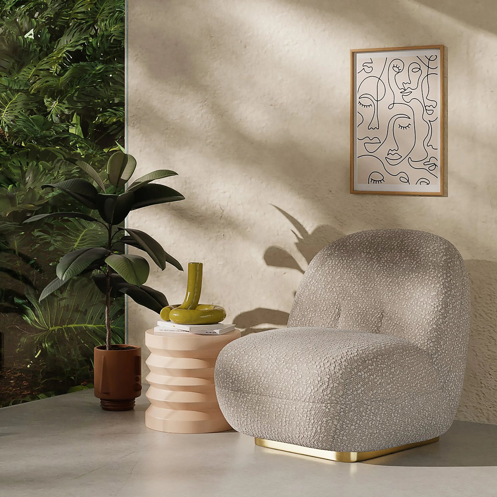 Erin Armchair | Speckled Stone Sustainable Boucle & Brass