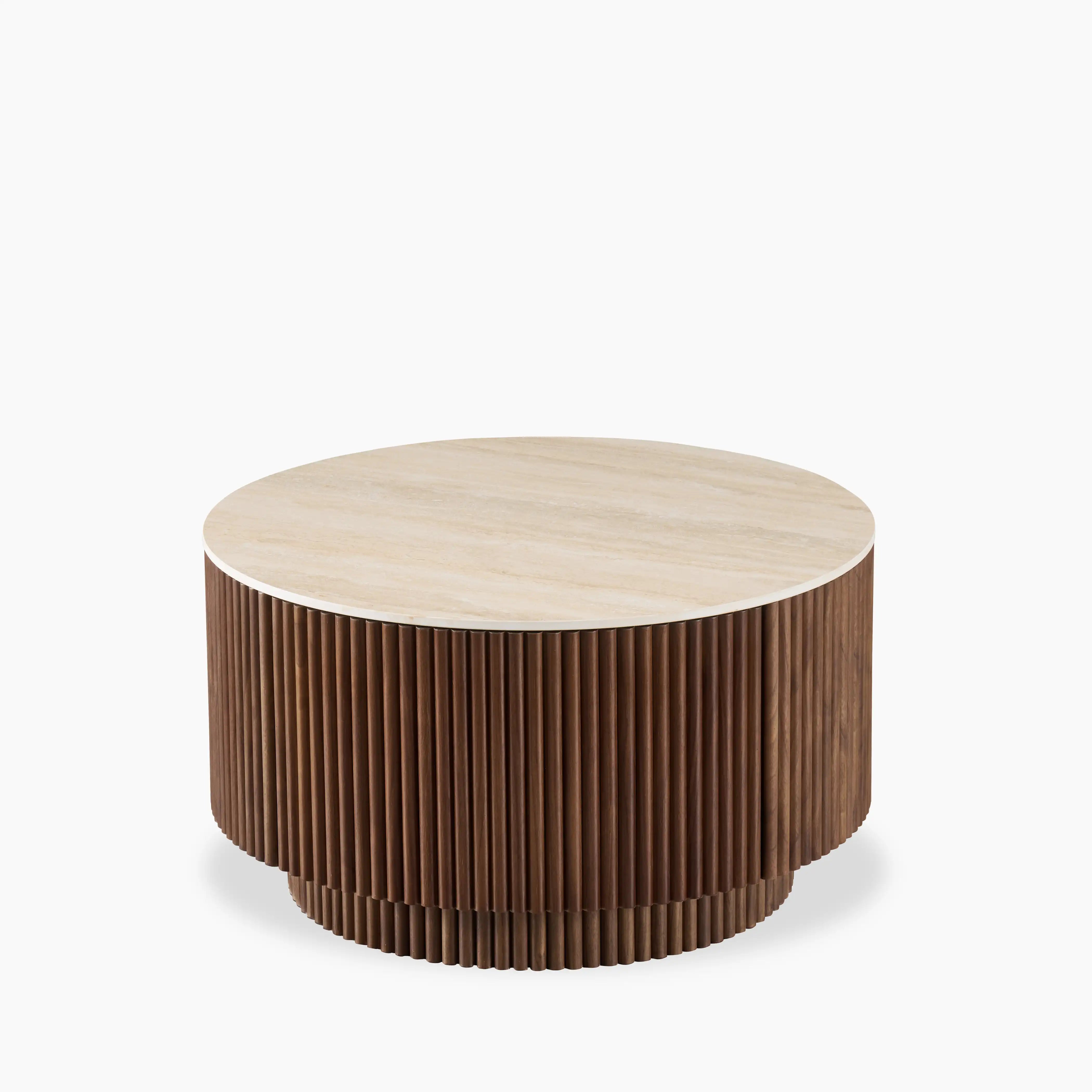 Everly Round Storage Coffee Table | Natural Travertine Effect Sintered Stone & Walnut