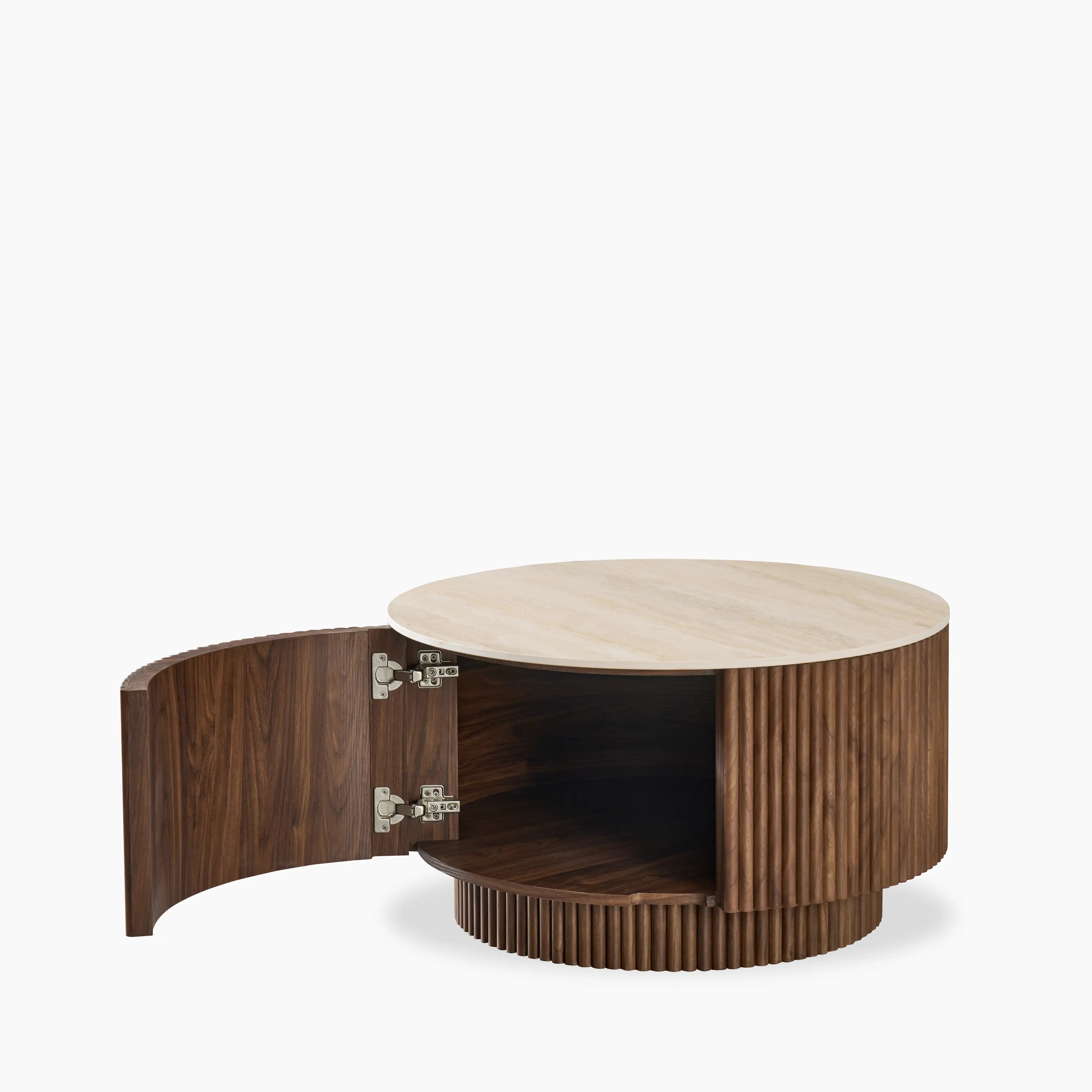 Everly Round Storage Coffee Table | Natural Travertine Effect Sintered Stone & Walnut