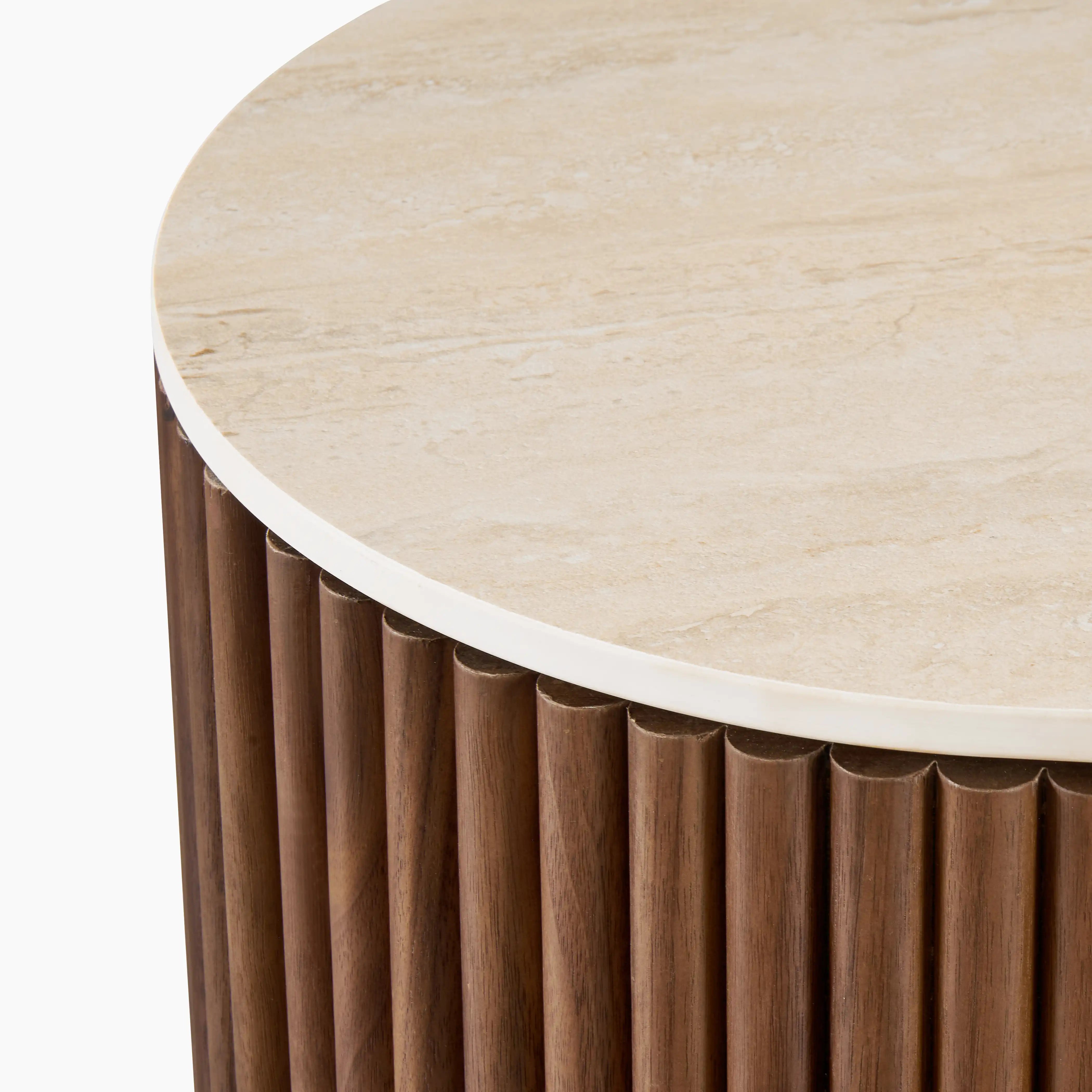 Everly Round Storage Coffee Table | Natural Travertine Effect Sintered Stone & Walnut
