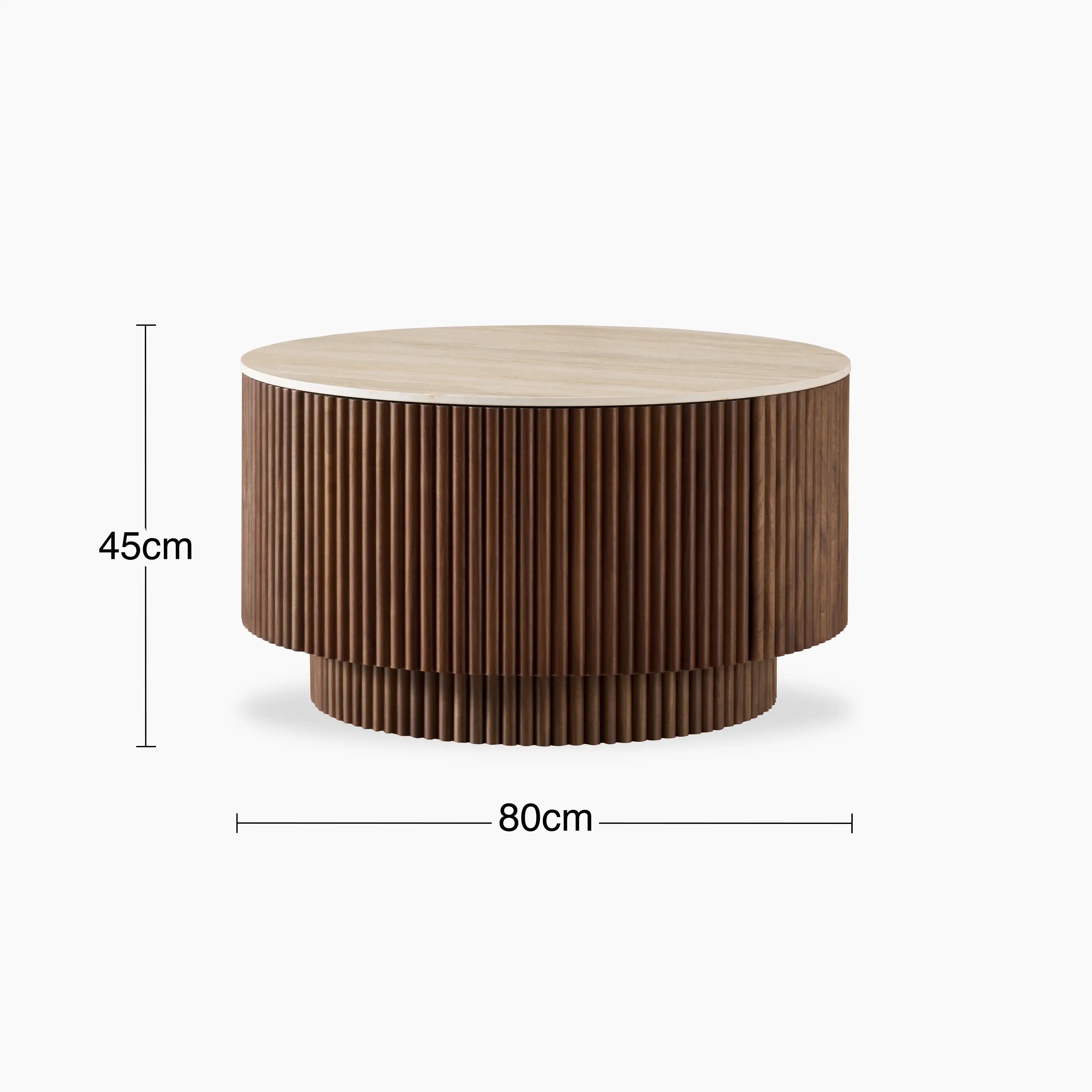 Everly Round Storage Coffee Table | Natural Travertine Effect Sintered Stone & Walnut