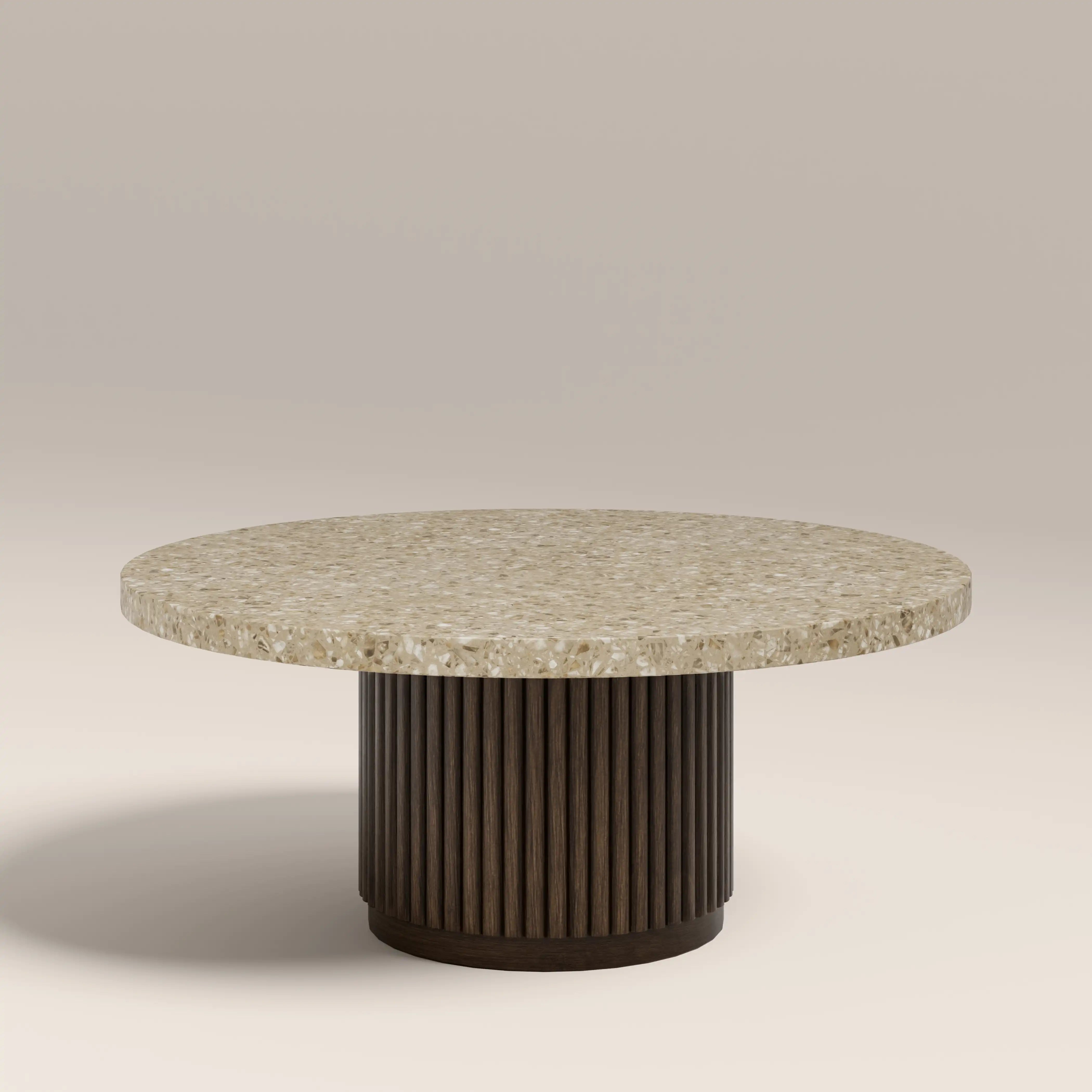 Pedersen Round Coffee Table | Cappuccino Brown Riverstone Marble & Walnut