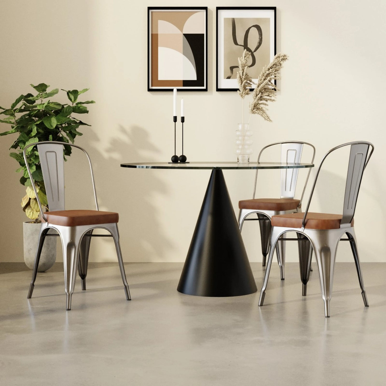 Tolix Style Stackable Dining Chair | Tan Faux Leather & Gunmetal