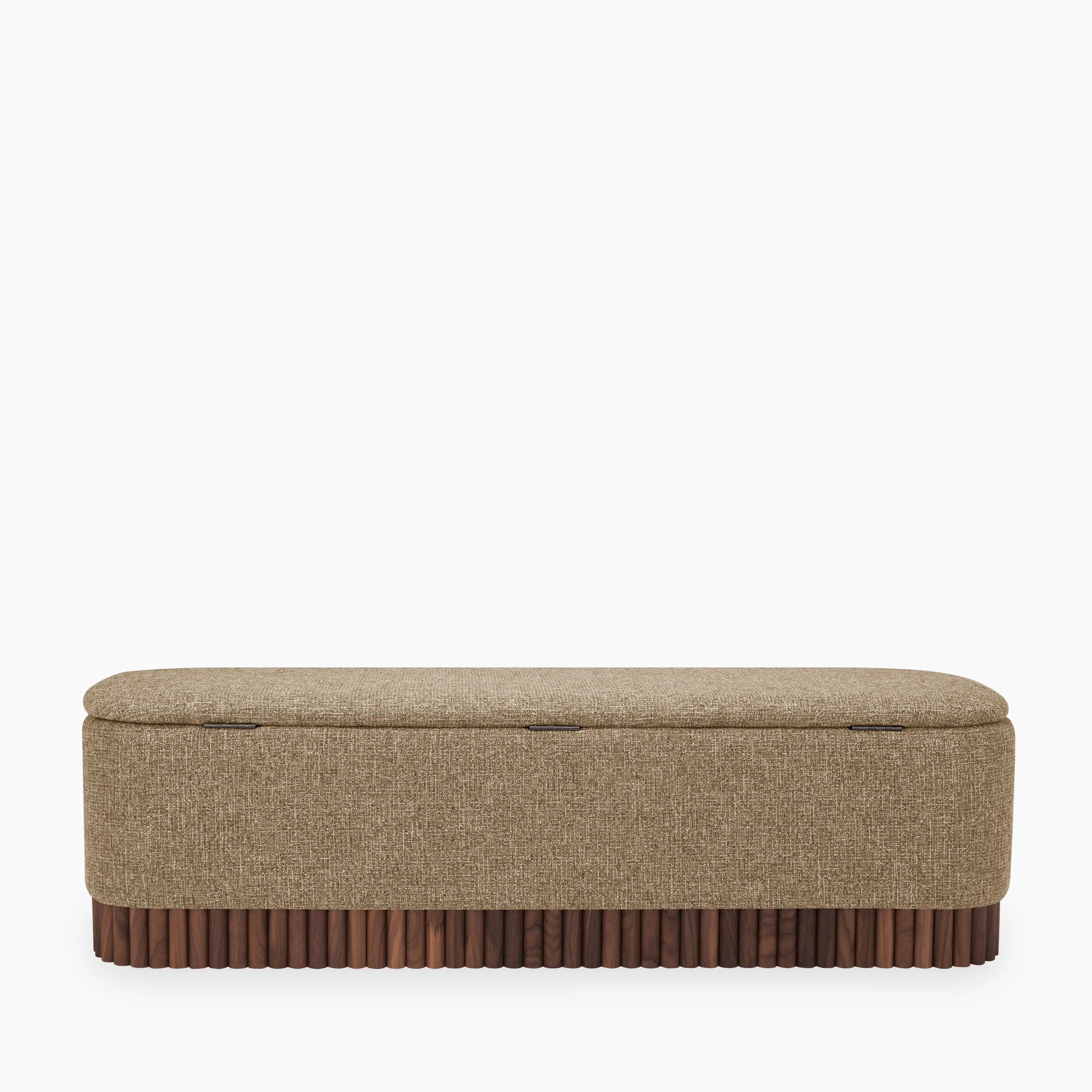 Oberon Storage Ottoman | Speckled Cappuccino Boucle & Walnut