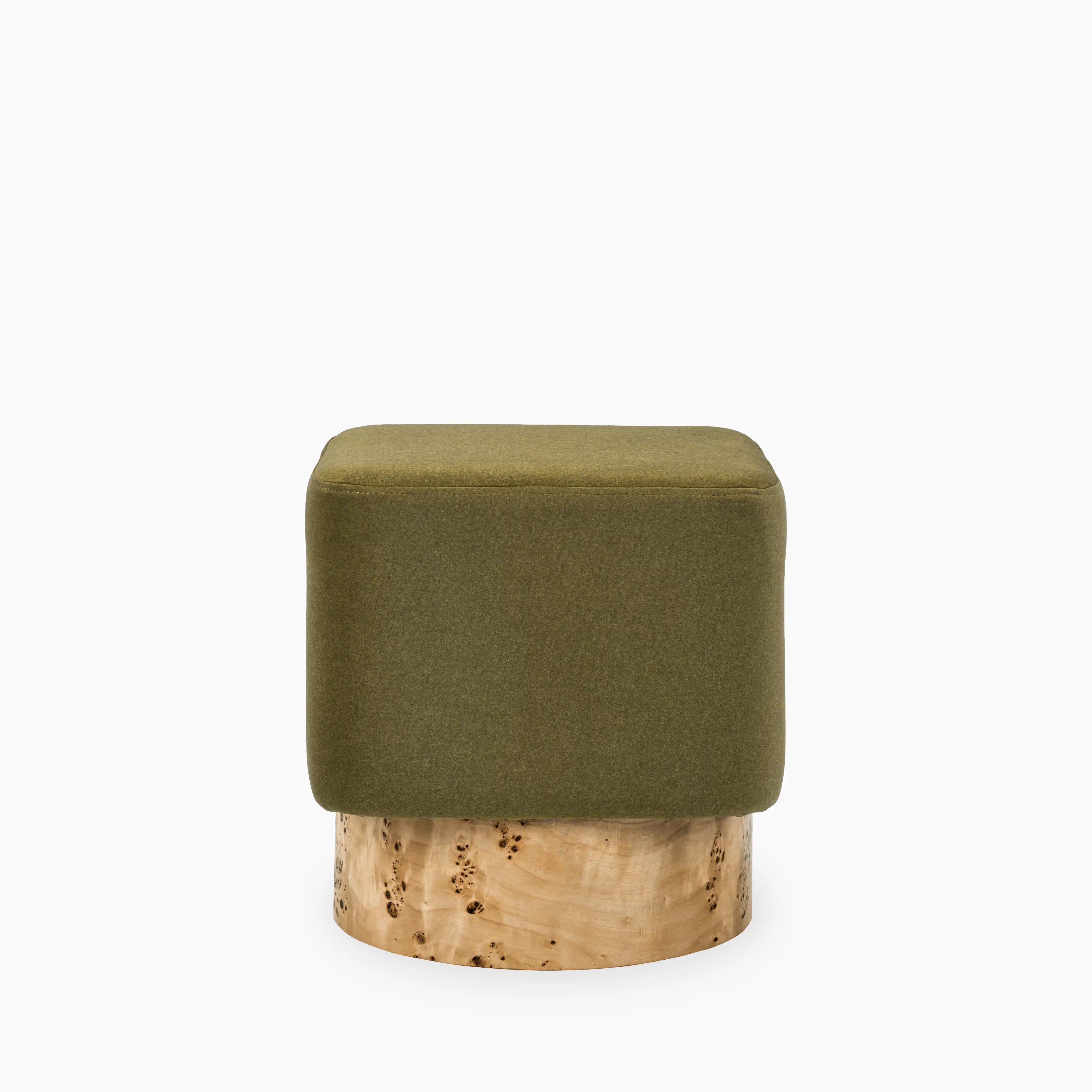Bidbury Pouffe | Moss Green Sustainable Mohair Velvet & Burl Wood