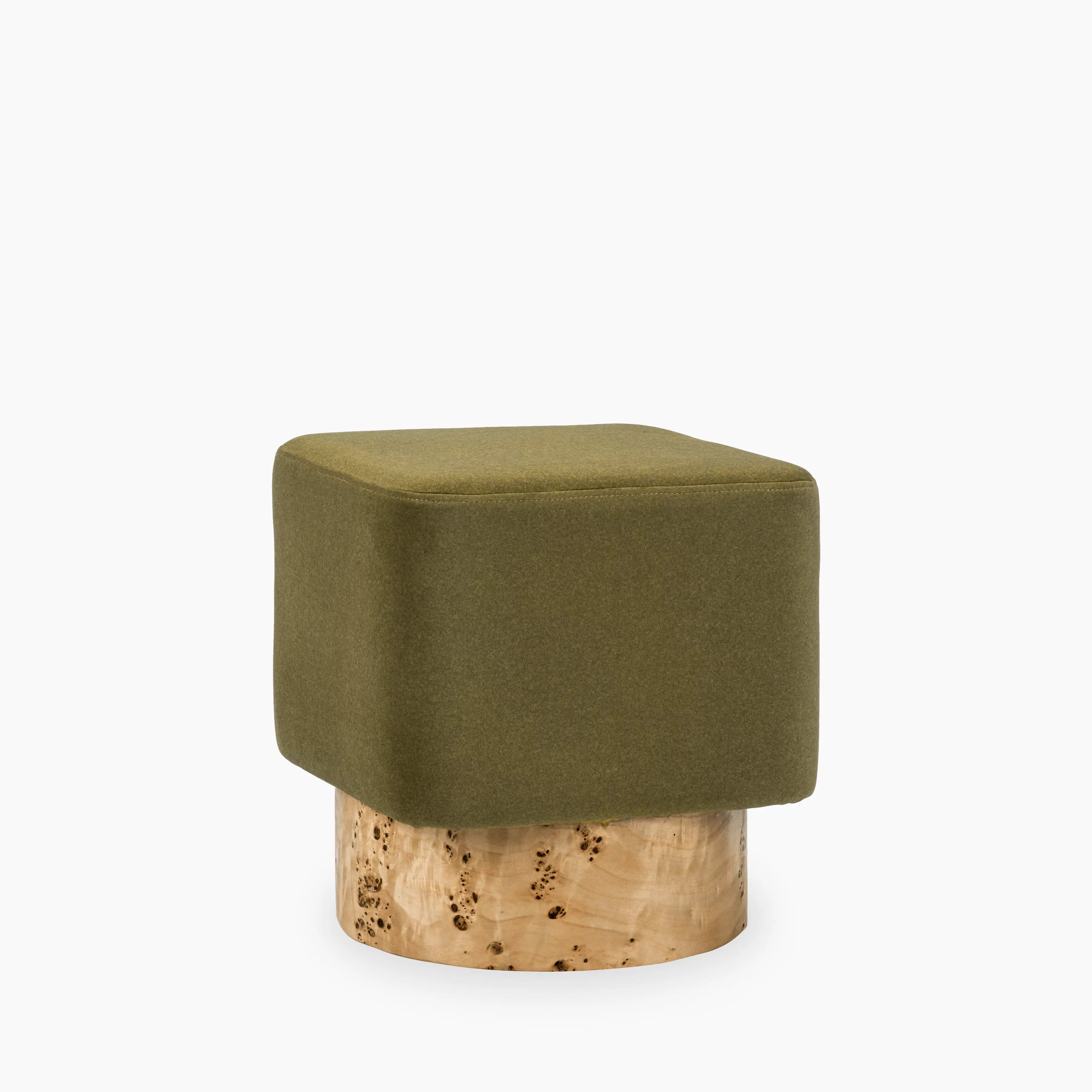 Bidbury Pouffe | Moss Green Sustainable Mohair Velvet & Burl Wood