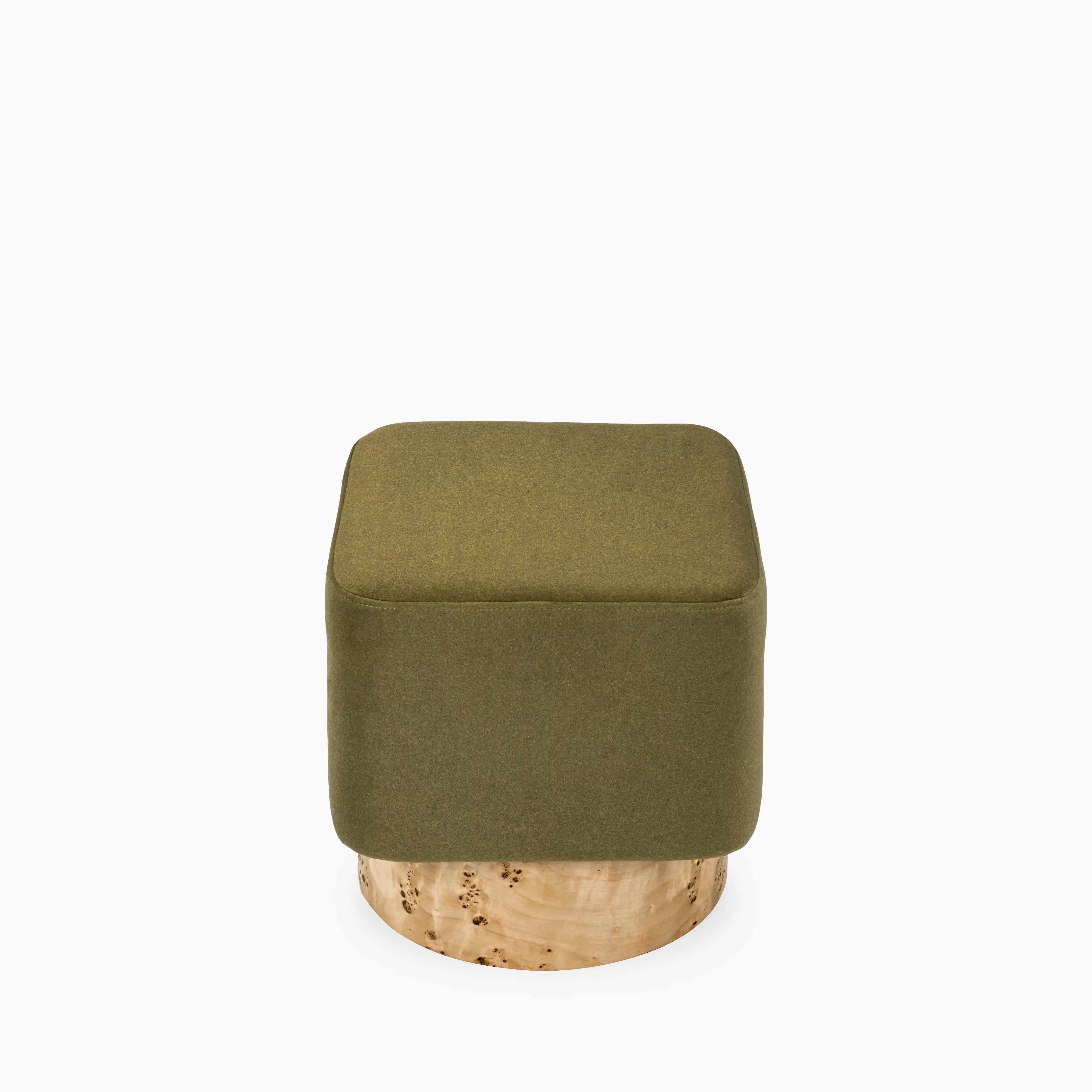 Bidbury Pouffe | Moss Green Sustainable Mohair Velvet & Burl Wood