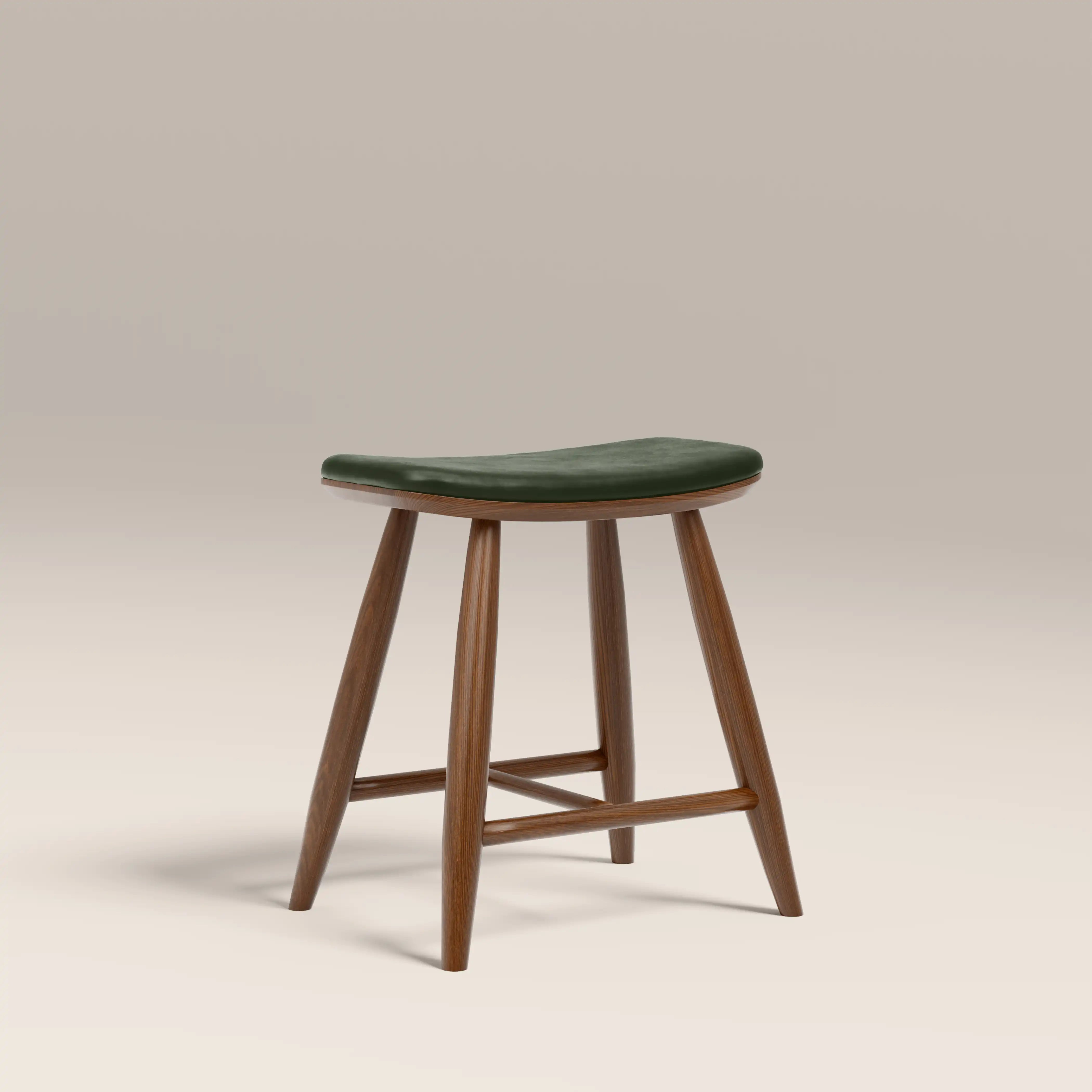 Hatton Wooden Low Stool | Vintage Green Faux Leather & Walnut
