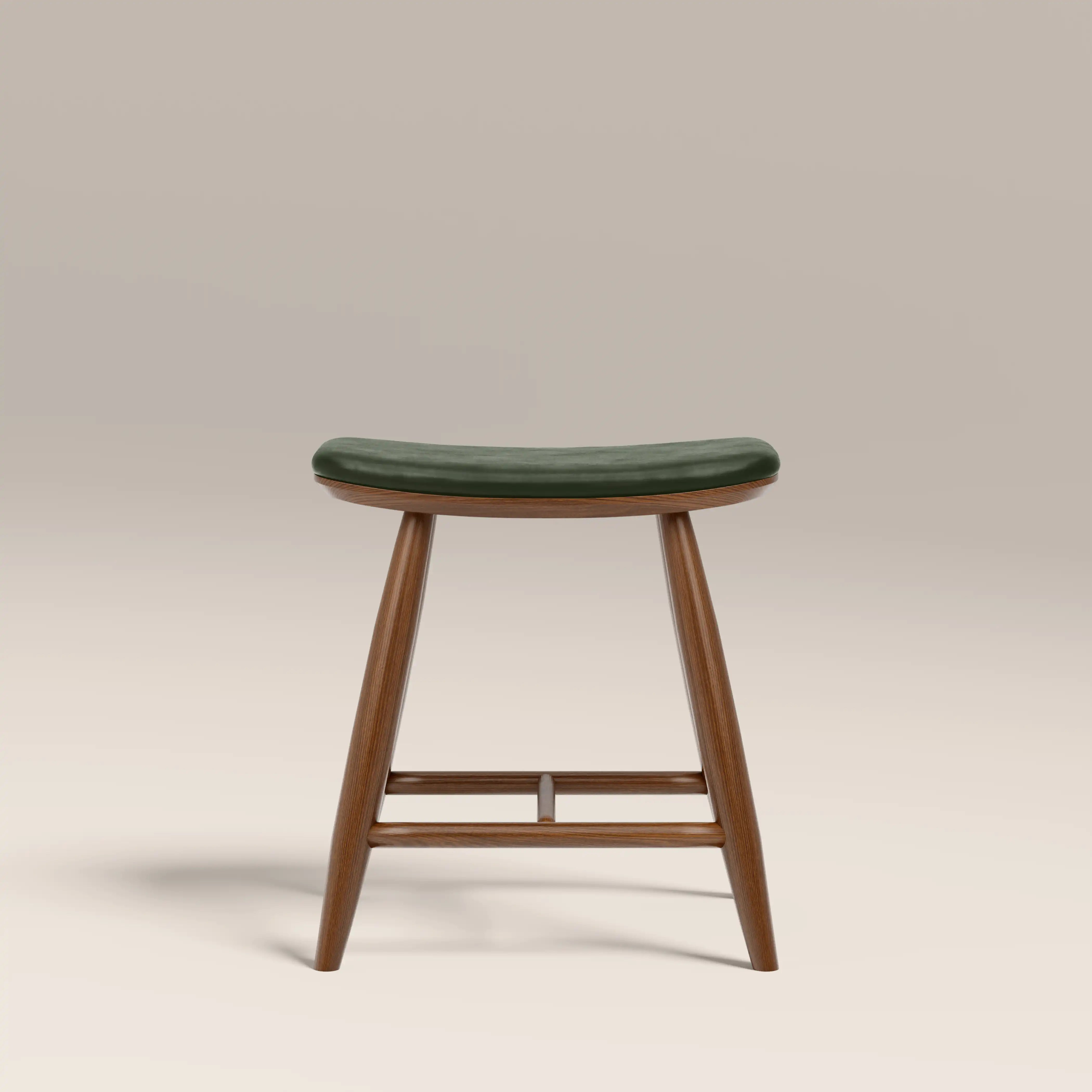 Hatton Wooden Low Stool | Vintage Green Faux Leather & Walnut