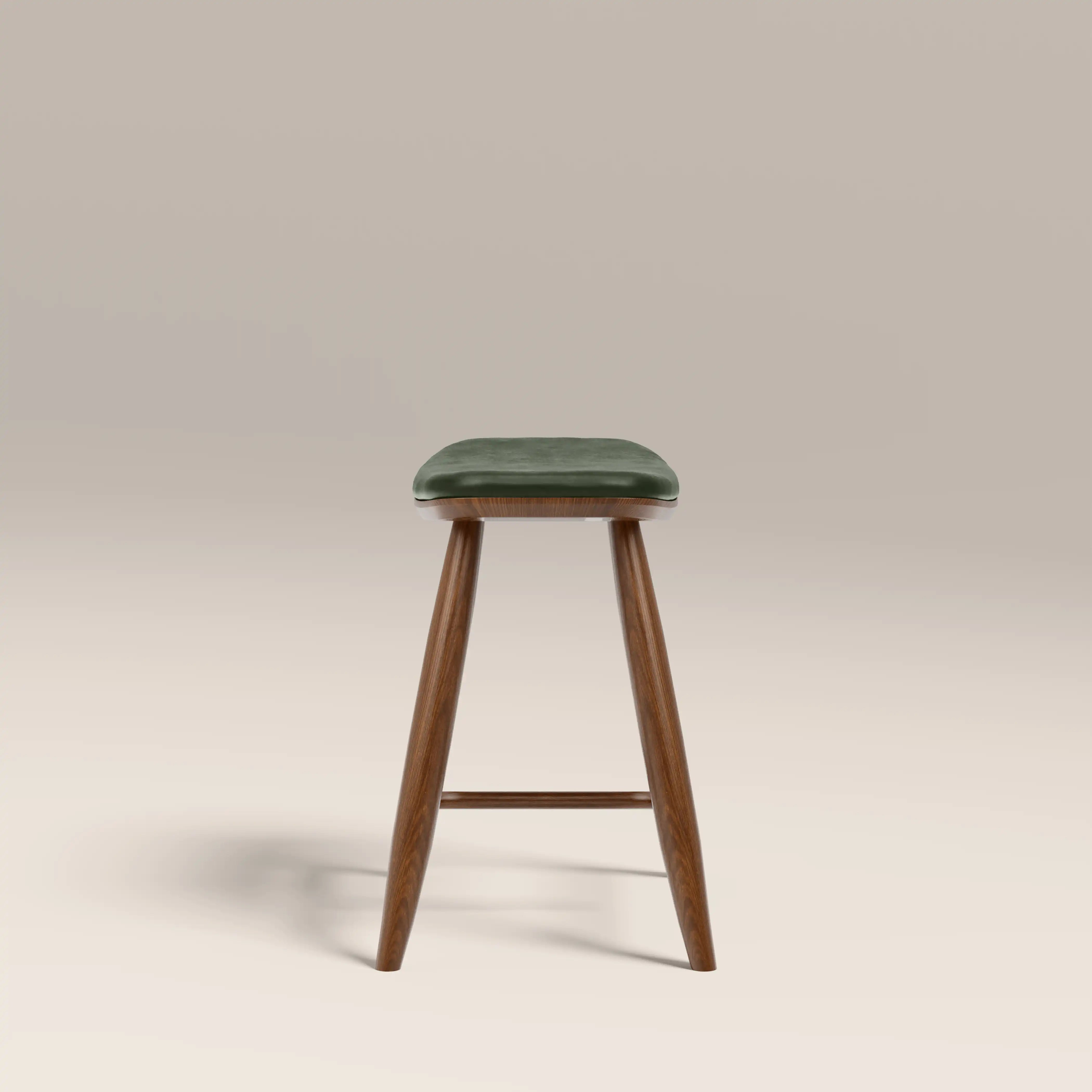 Hatton Wooden Low Stool | Vintage Green Faux Leather & Walnut