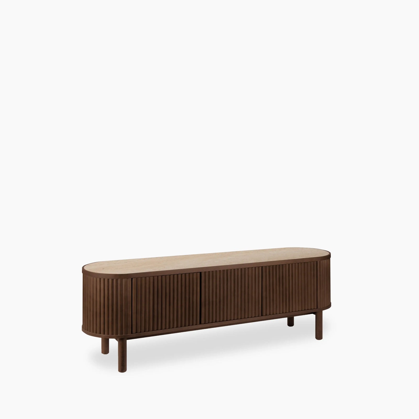 Santana TV Stand | Natural Travertine Effect Sintered Stone & Smoked Walnut