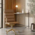 Urma High Back Office Chair | Vintage Tan Faux Leather & Brass
