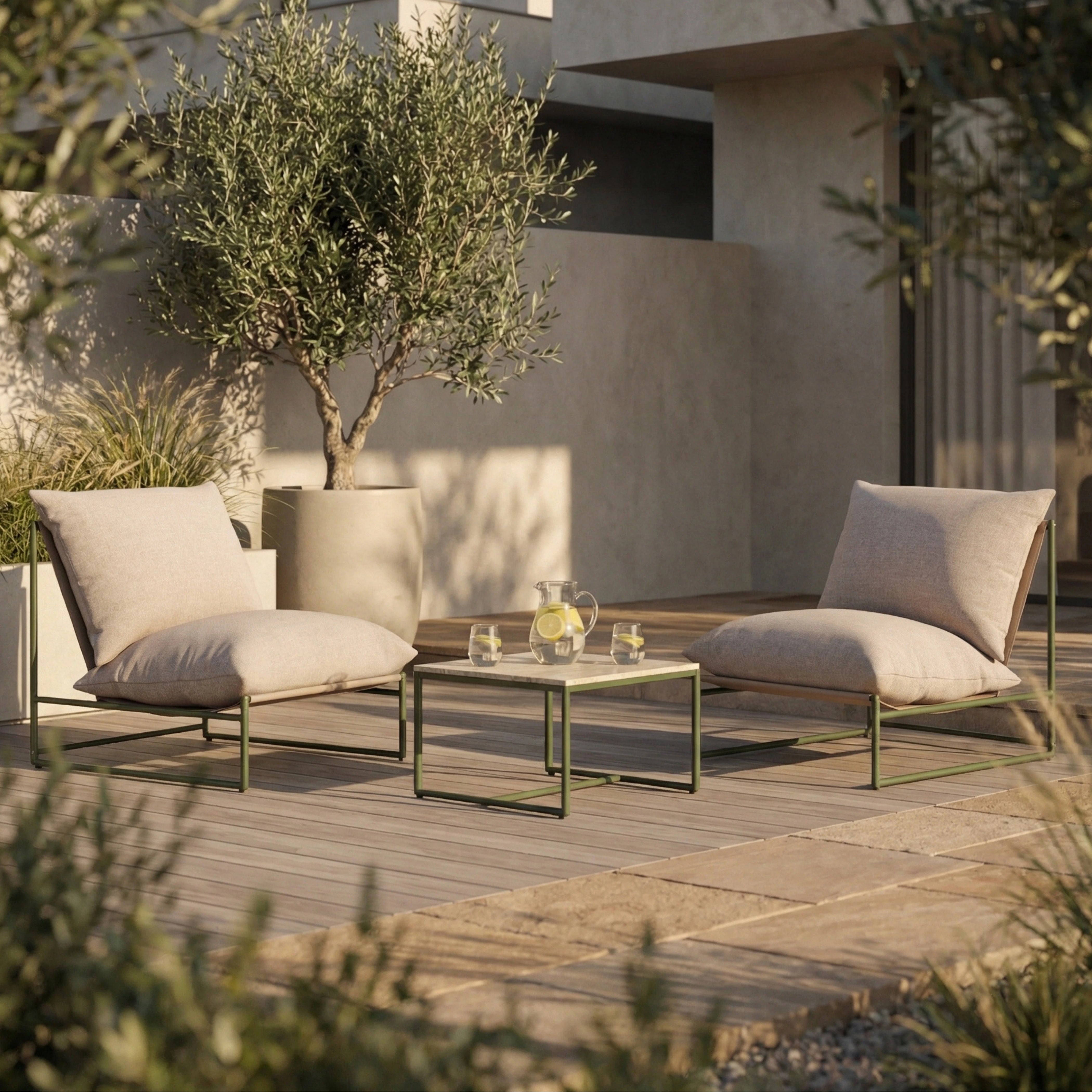 Enzo Garden Bistro Lounge Set, Natural & Moss Green | Cult