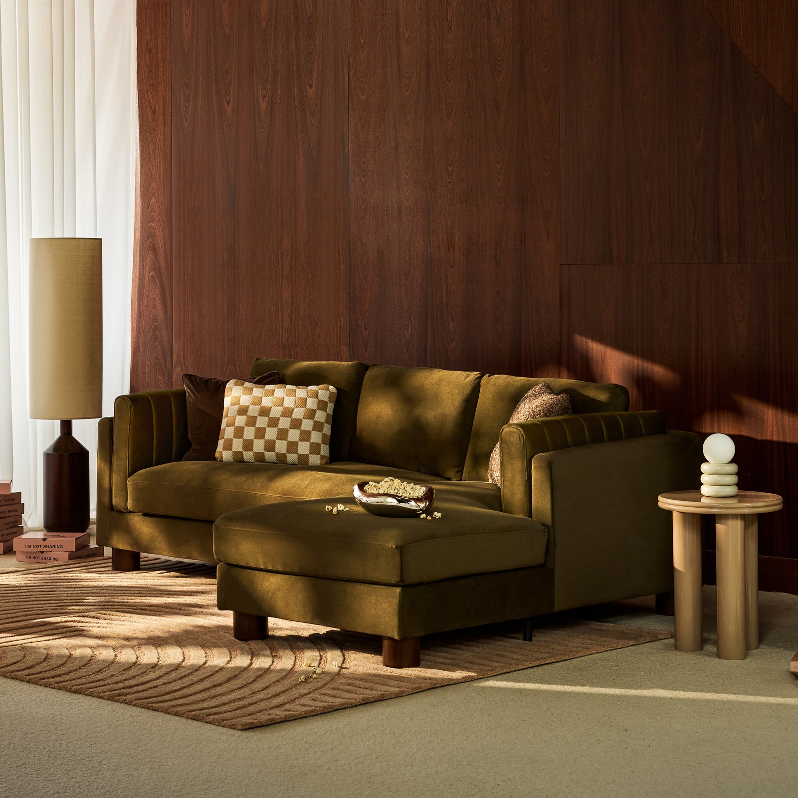 Halton Left Hand Chaise Sofa | Moss Green Sustainable Mohair Velvet