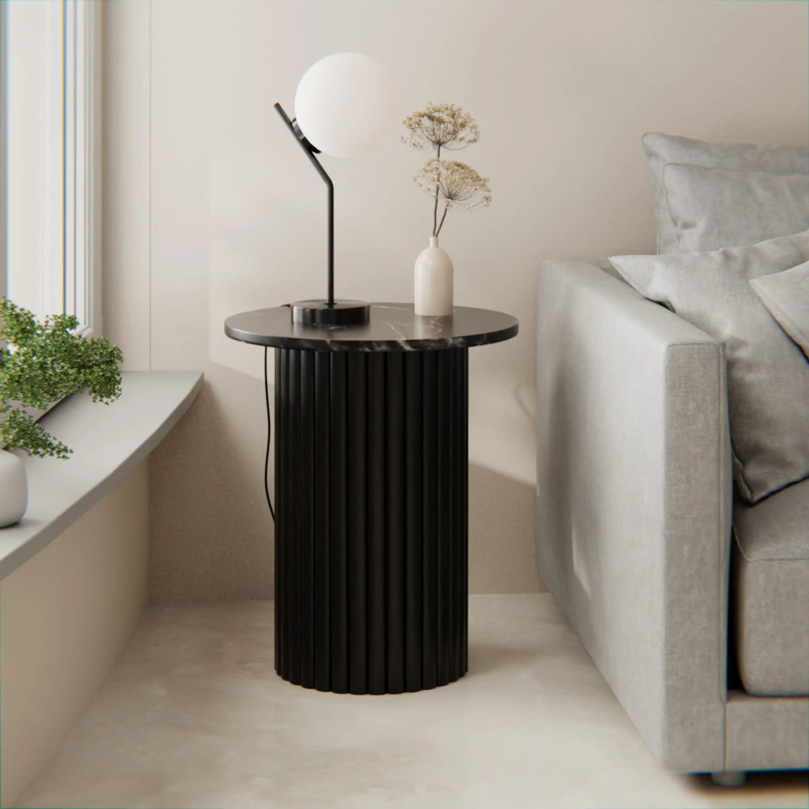 Medby Round Side Table | Black Marble & Black
