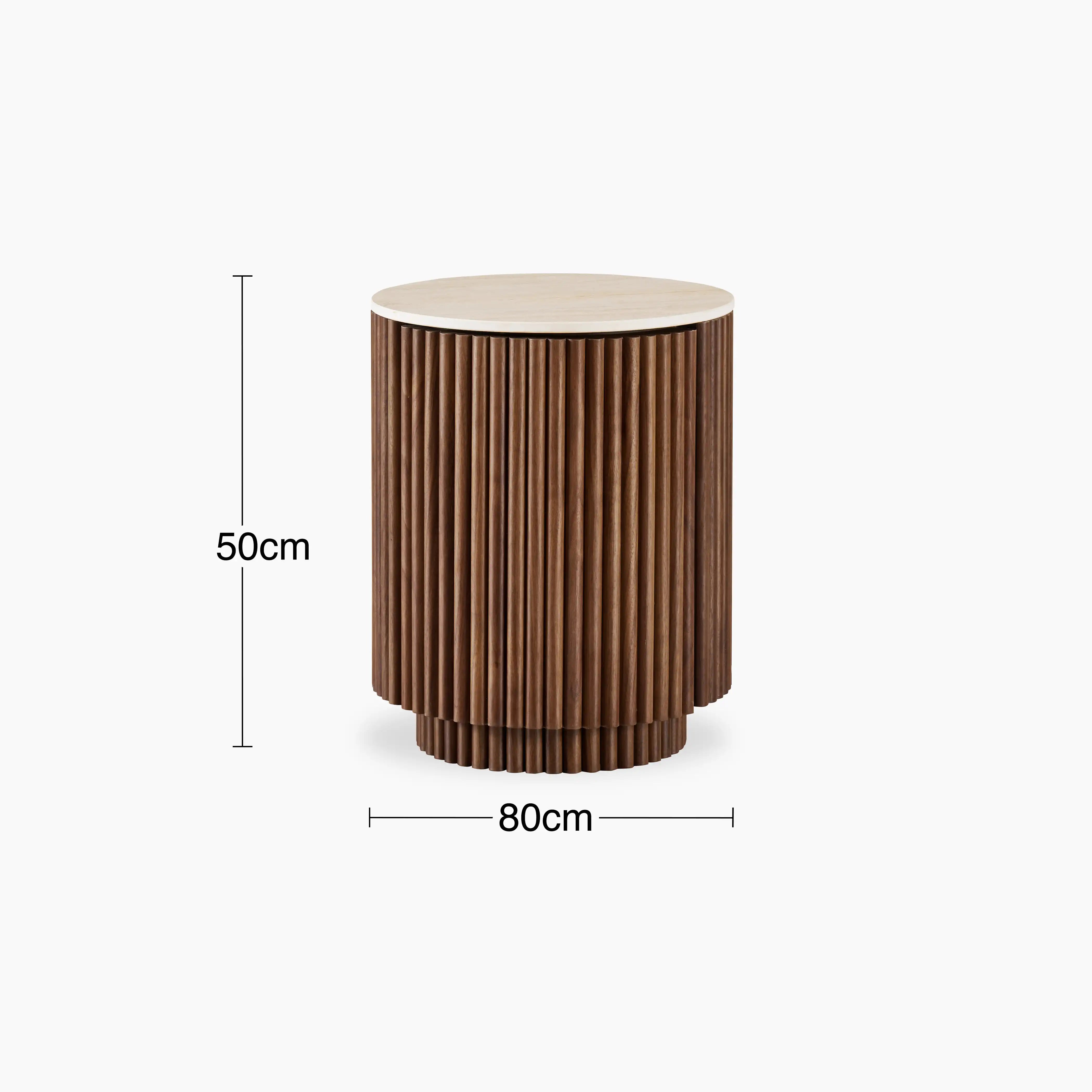 Everly Round Storage Side Table | Natural Travertine Effect Sintered Stone & Walnut