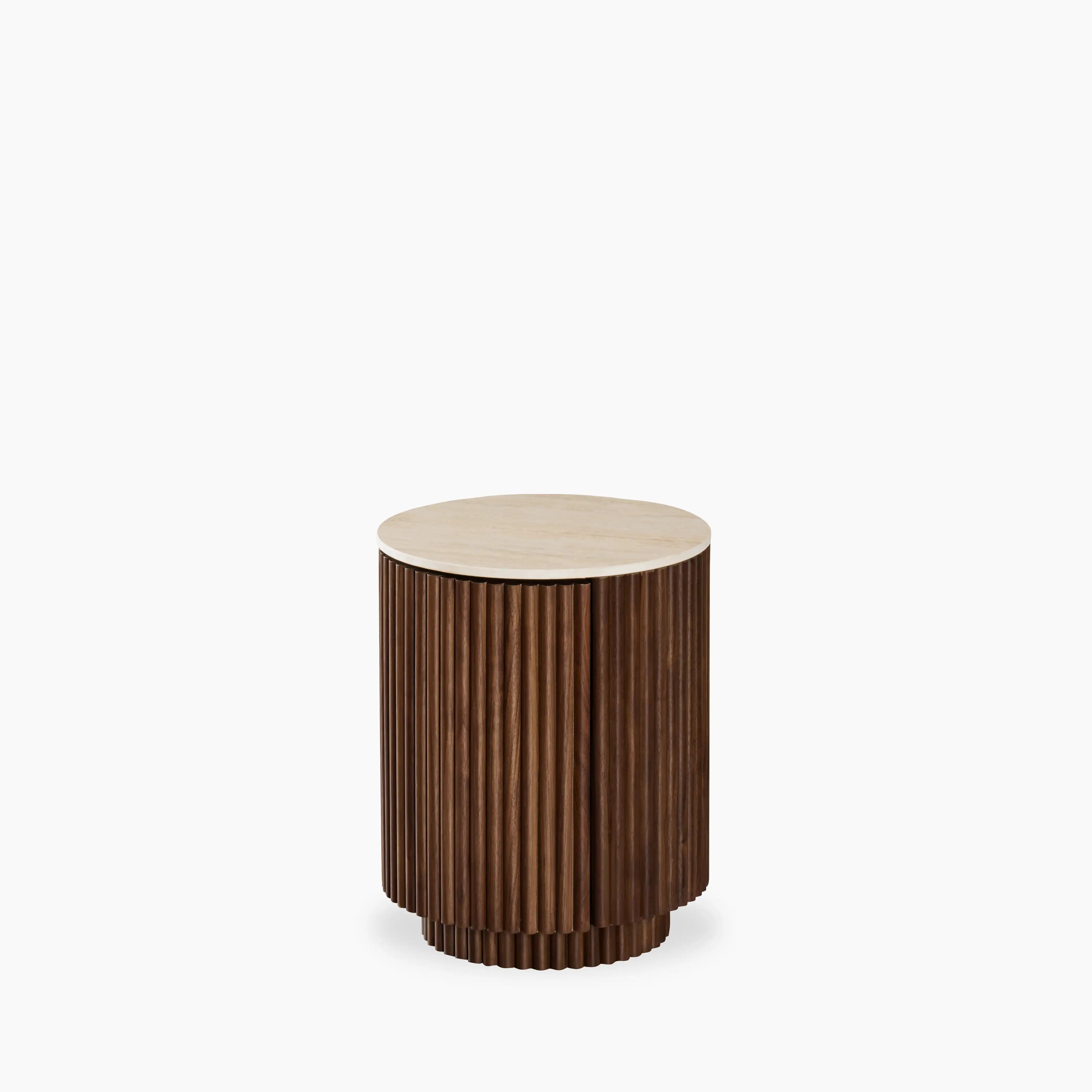 Everly Round Storage Side Table | Natural Travertine Effect Sintered Stone & Walnut