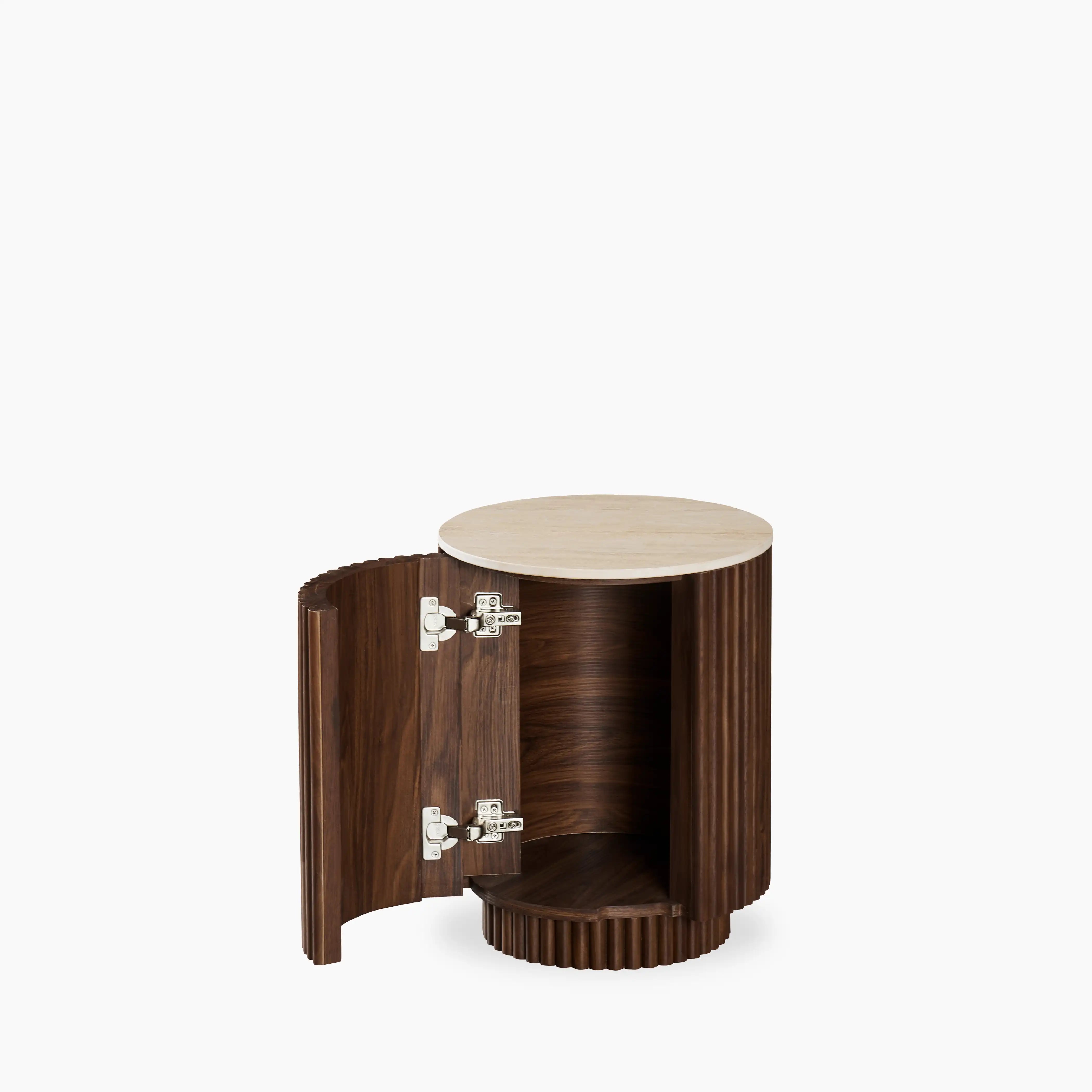 Everly Round Storage Side Table | Natural Travertine Effect Sintered Stone & Walnut
