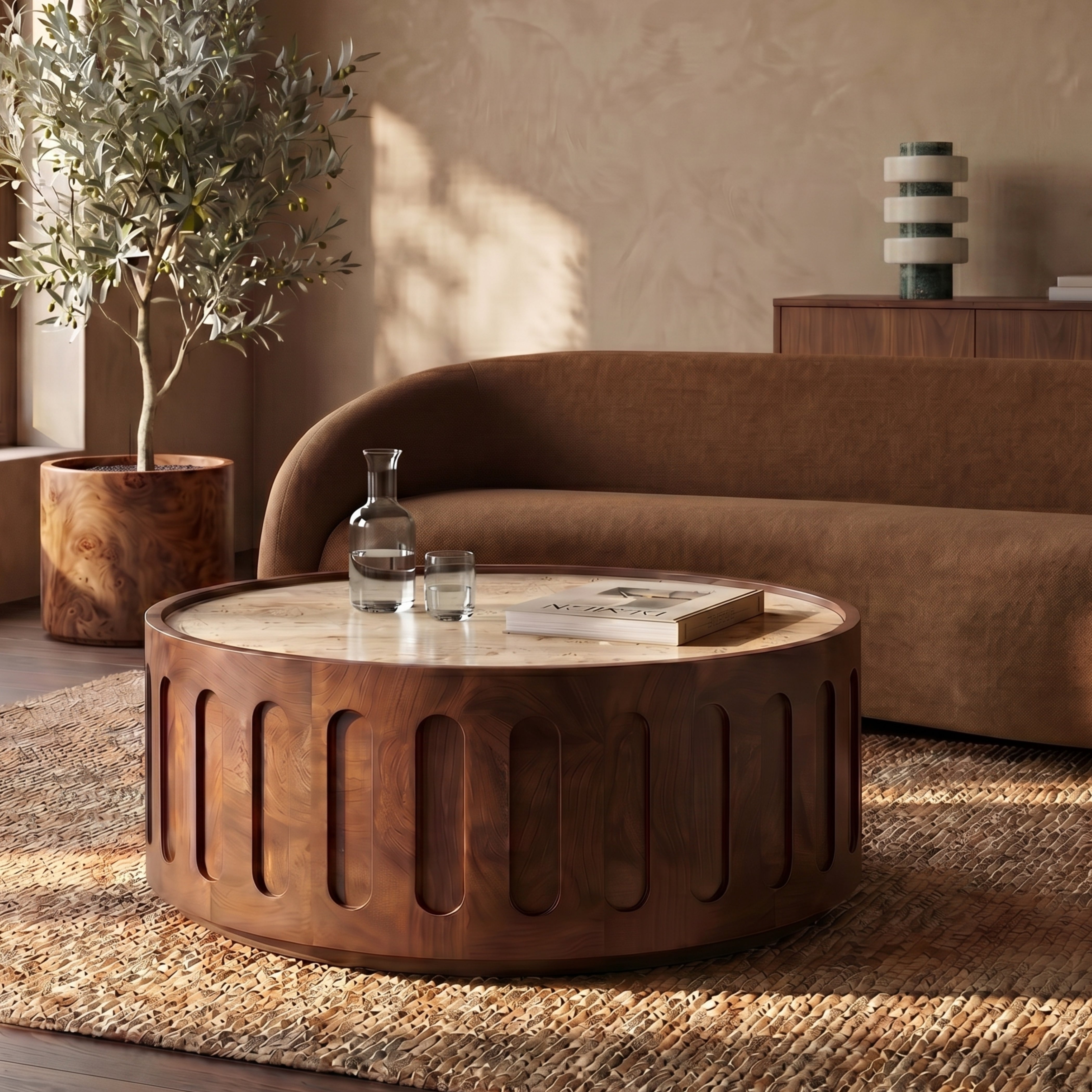Juno Round Coffee Table Natural Travertine & Walnut | Cult