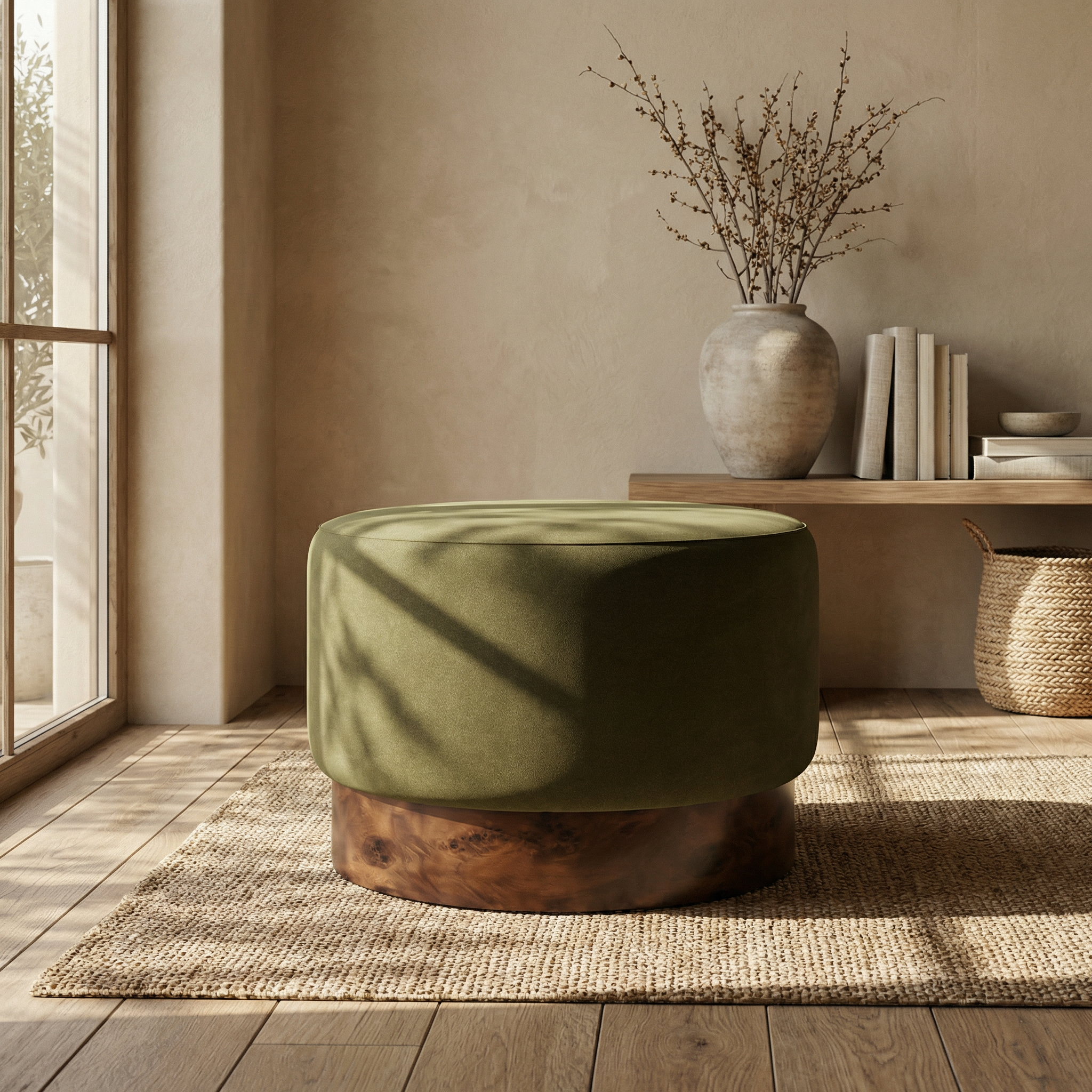 Marie Footstool, Moss Green Sustainable Mohair Velvet & Walnut
