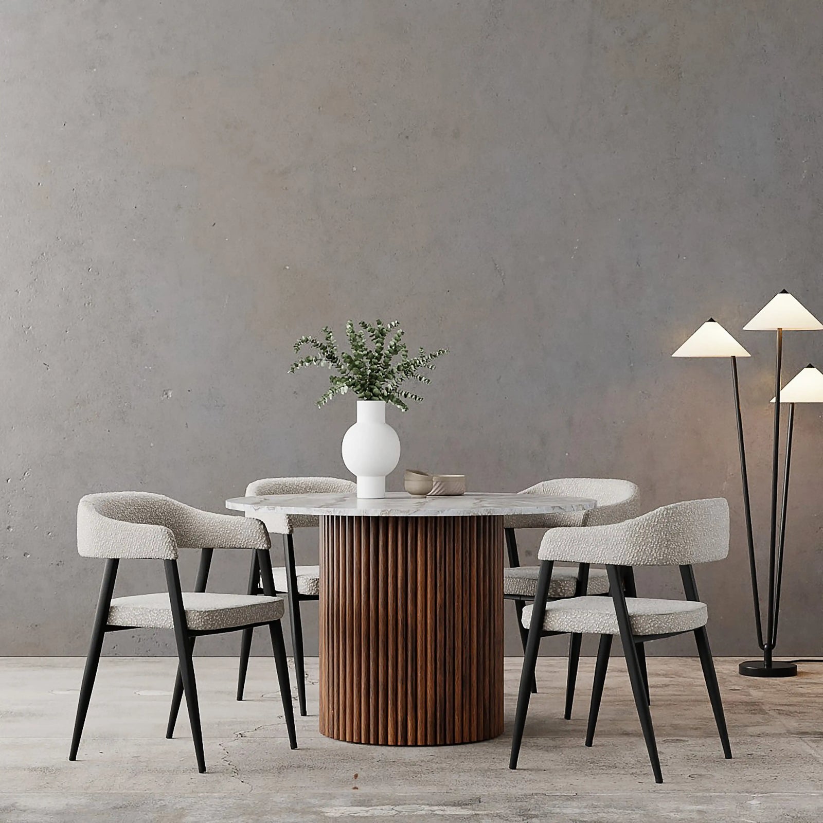 Medby & Presley 4 Chairs Dining Set | Grey Marble & Speckled Stone Sustainable Boucle