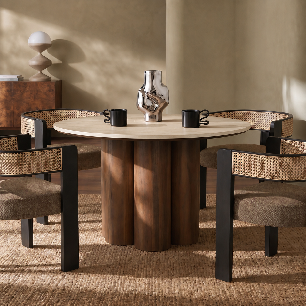 Noelle 4 Seat Round Dining Table | Natural Travertine Effect Sintered Stone & Walnut