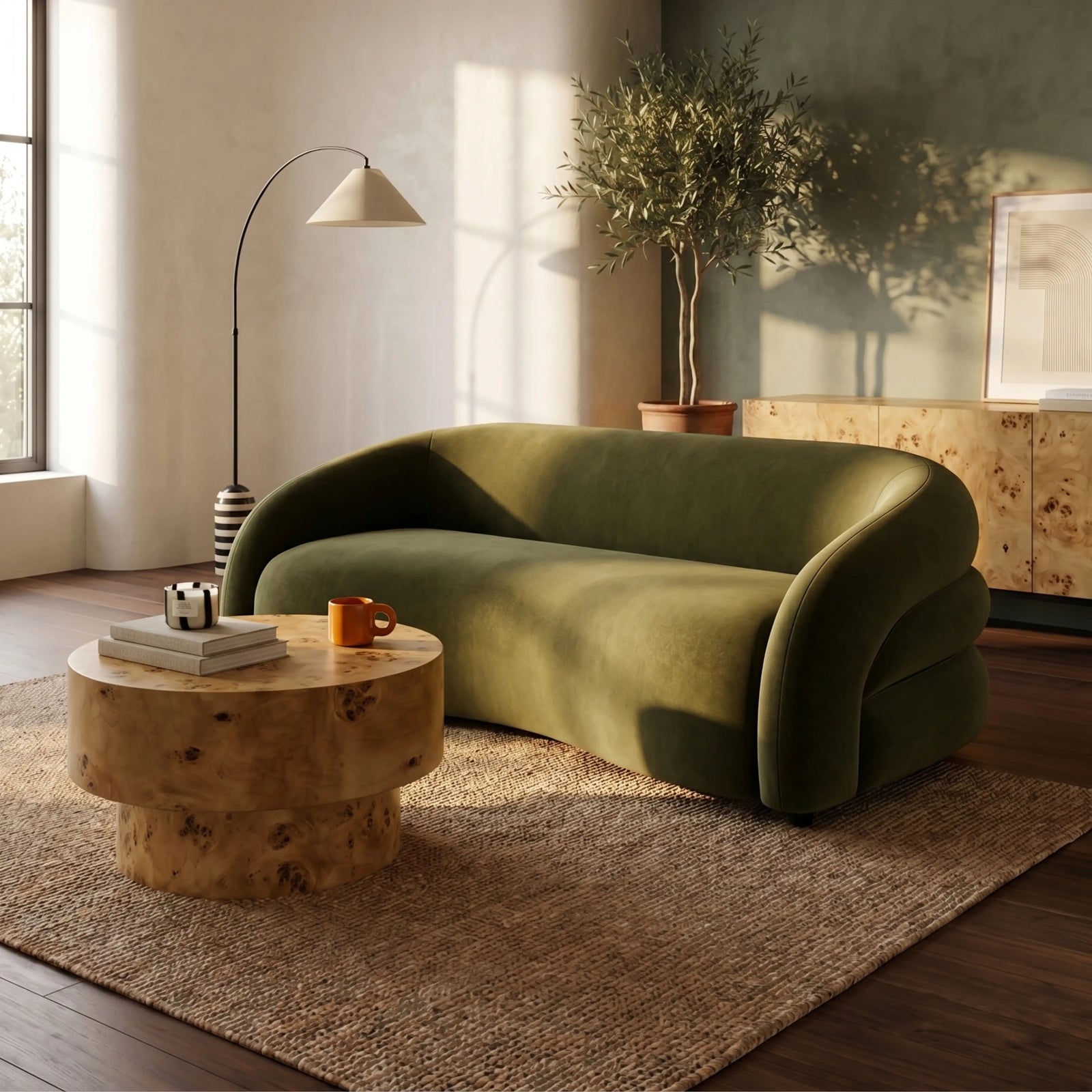 Chaplin 3 Seater Sofa | Moss Green Sustainable Mohair Velvet & Walnut