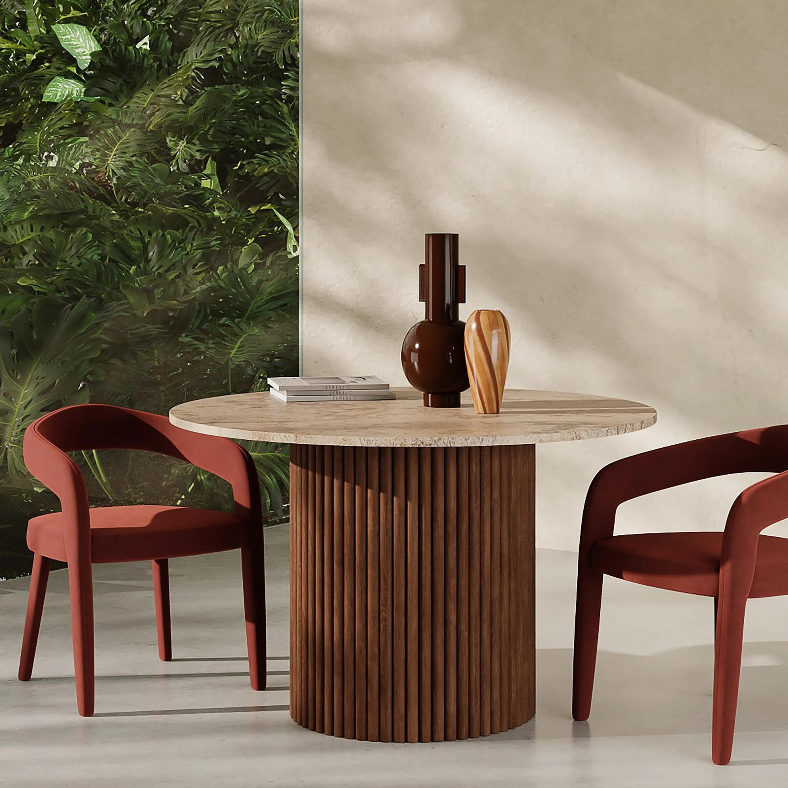 Medby & Ophelia 4 Chairs Dining Set | Natural Travertine & Rust Sustainable Velvet