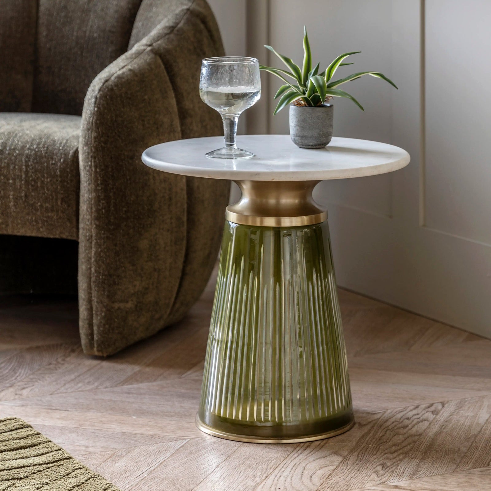 Mirabelle Round Side Table | White Marble & Green