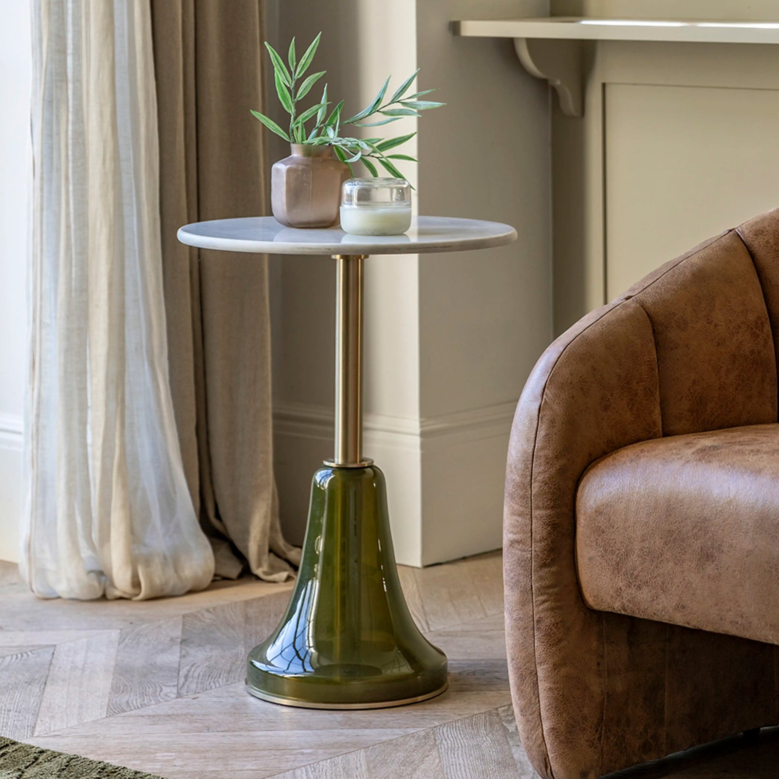 Lewis Round Side Table | White Marble & Moss Green