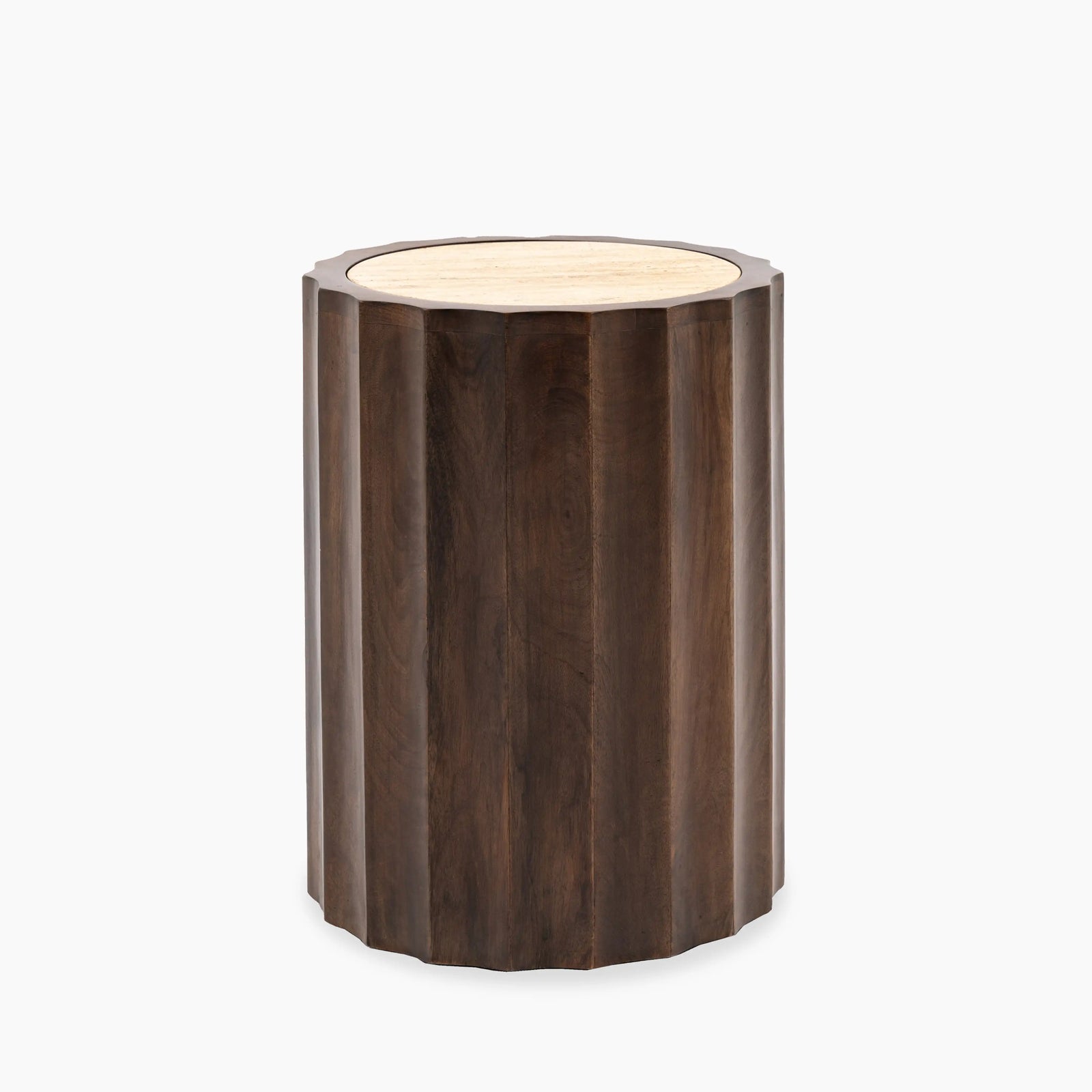 Watton Round Wooden Side Table | Dark Mango Wood & Travertine