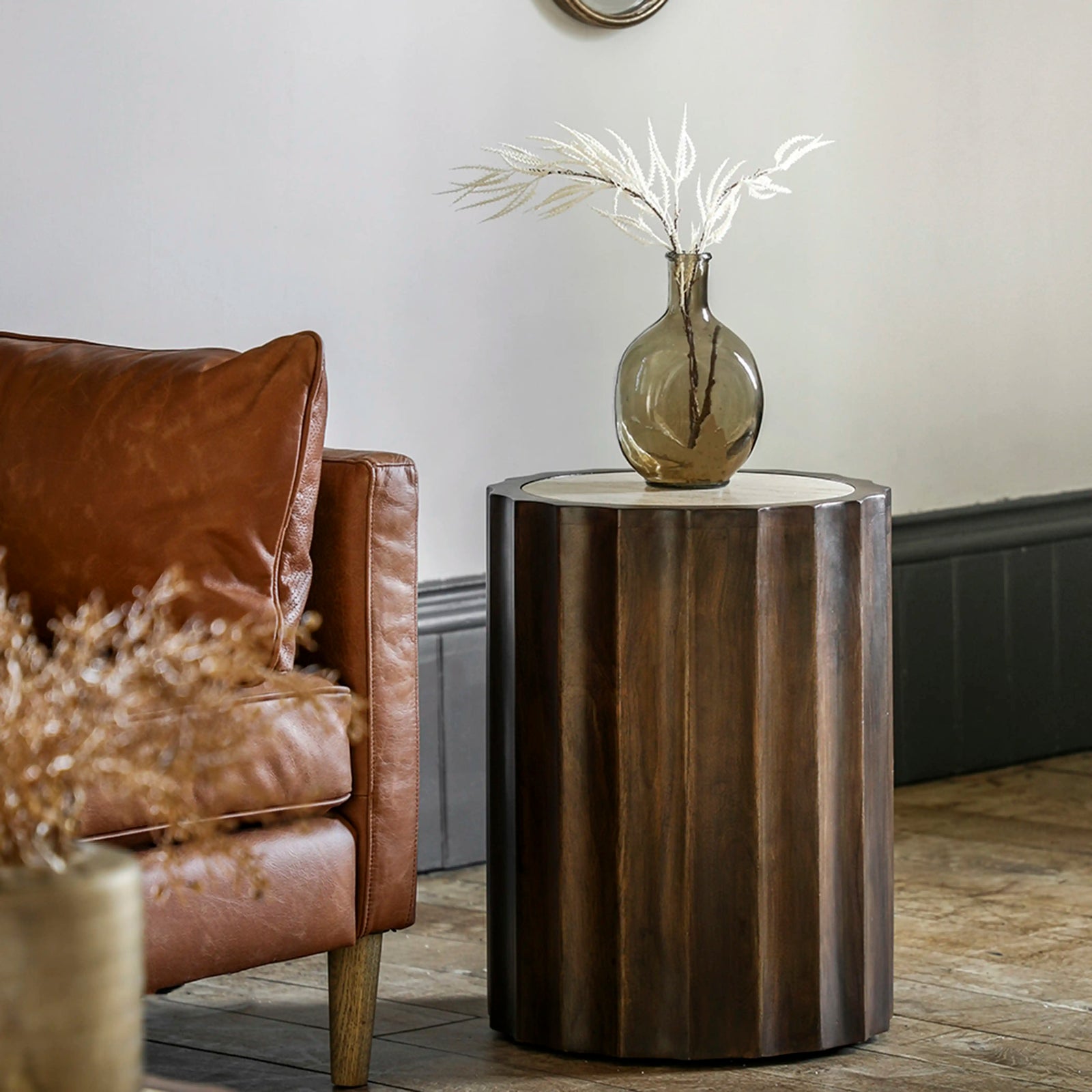 Watton Round Wooden Side Table | Dark Mango Wood & Travertine
