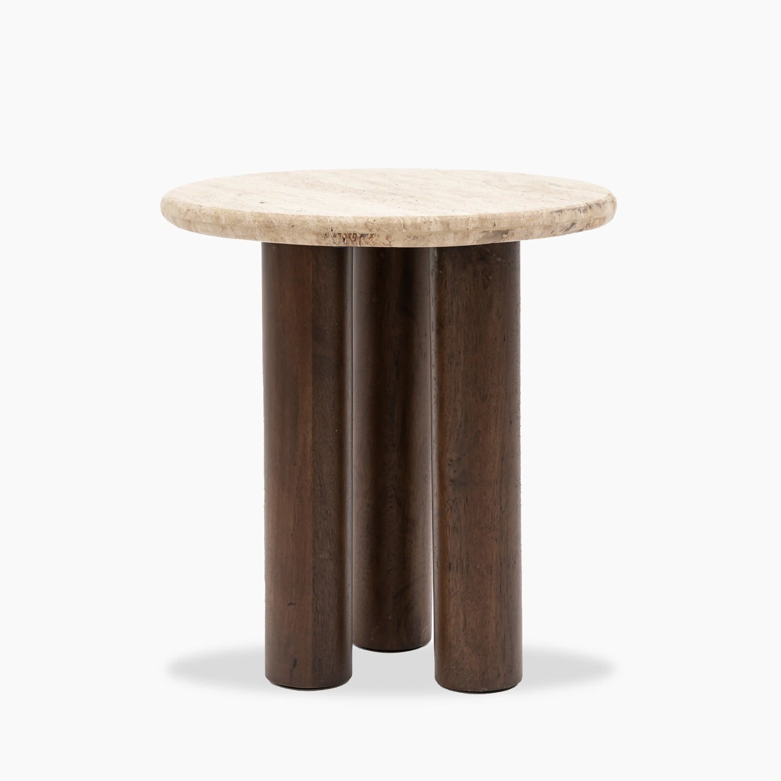 Inca Round Wooden Side Table | Dark Mango Wood & Travertine