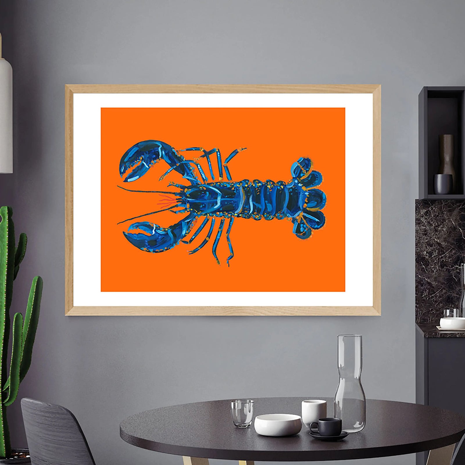 Blue Lobster On Orange Graphic Print