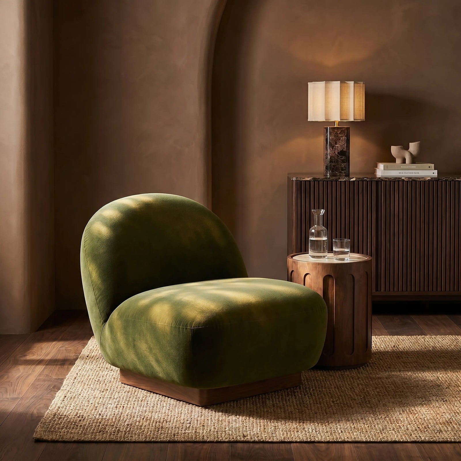 Erin Armchair | Olive Green Sustainable Velvet & Walnut