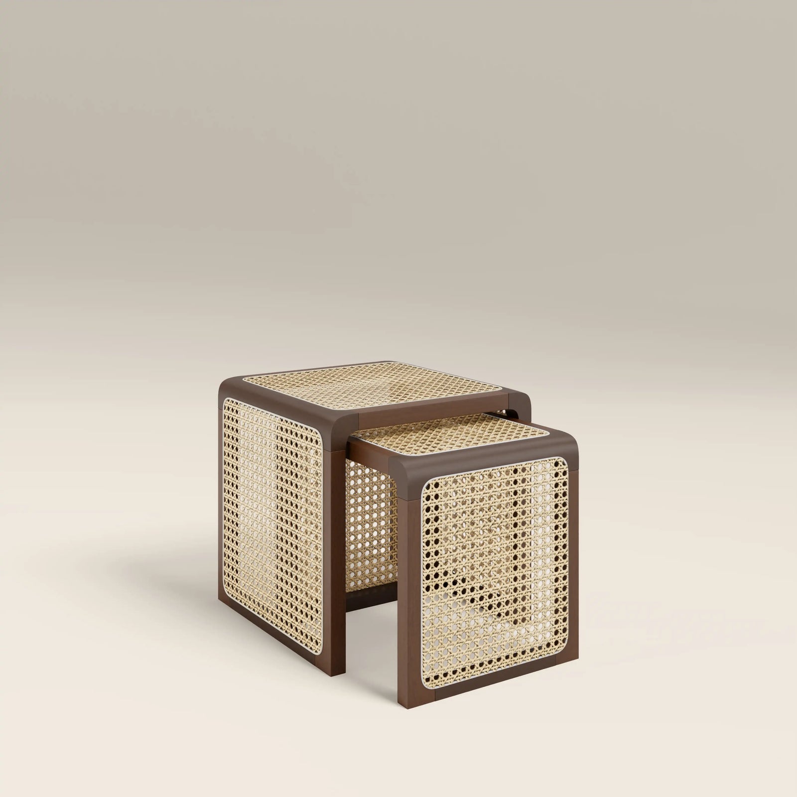 Atley Set of 2 Square Nesting Side Tables | Natural Cane & Walnut