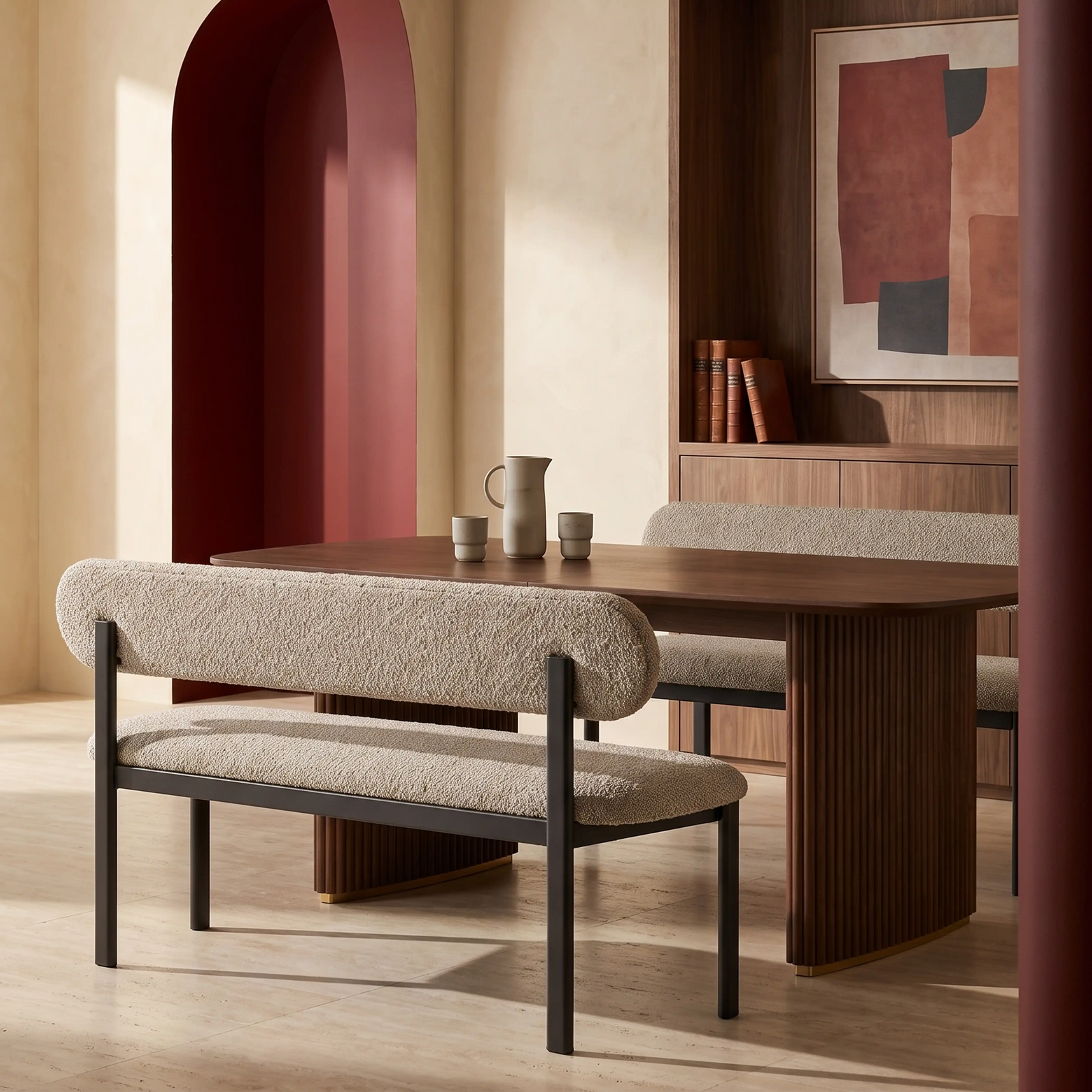 Arbor 3 Seater Dining Bench | Speckled Stone Sustainable Boucle & Black