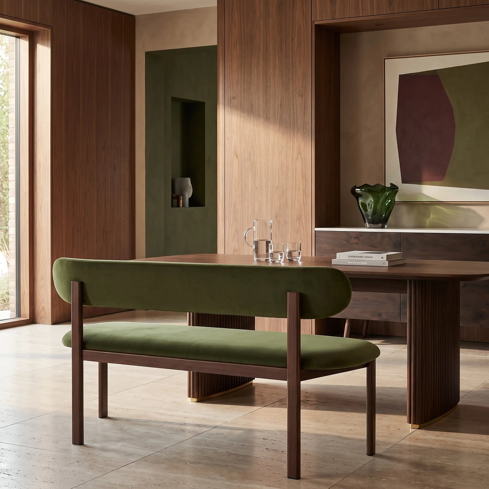Arbor 3 Seater Dining Bench | Olive Green Sustainable Velvet & Walnut
