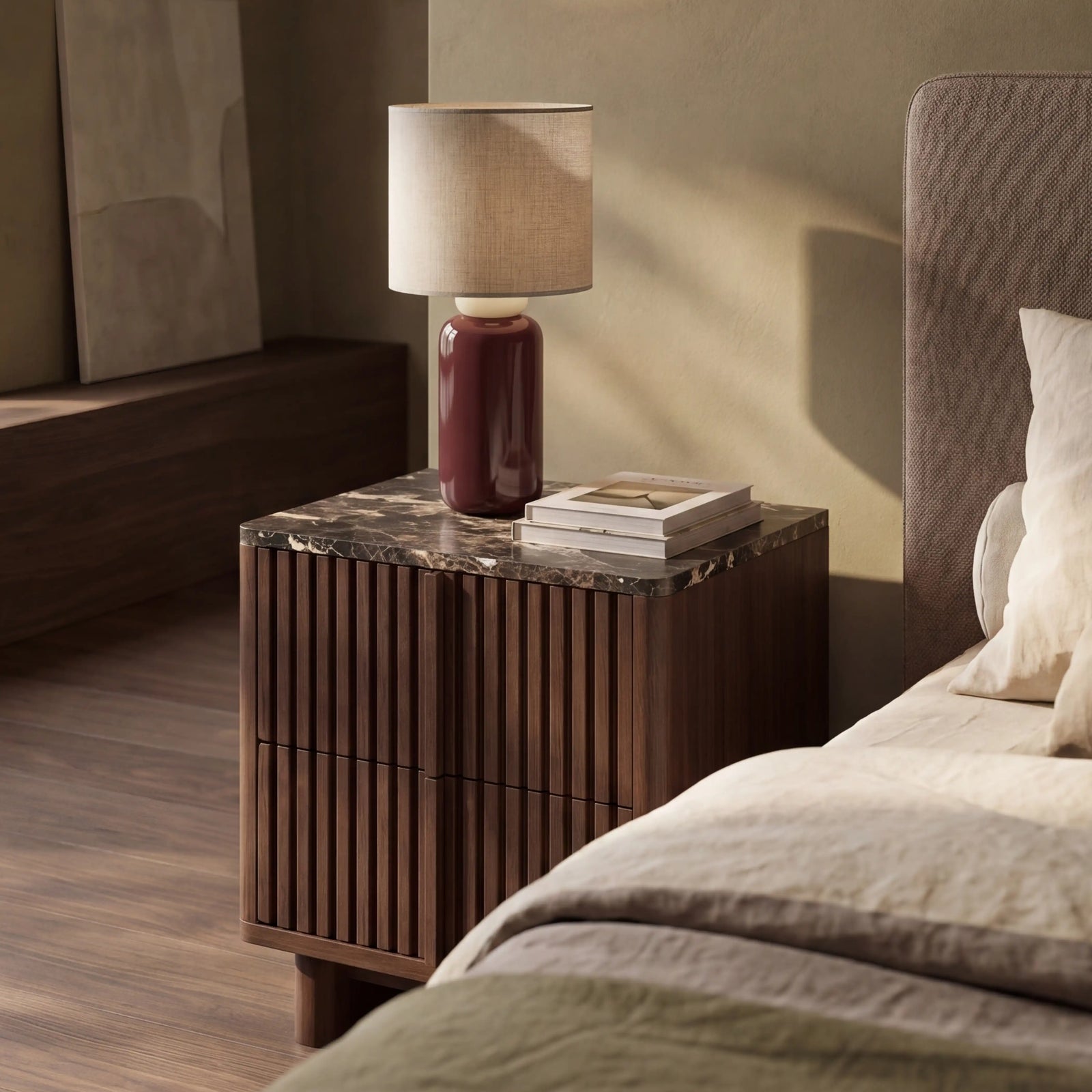 Janis 2 Drawer Bedside Table | Emperador Brown Honed Marble & Walnut