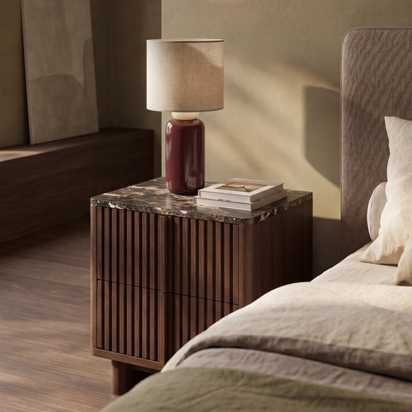 Janis 2 Drawer Square Bedside Table, Emperador Brown Honed Marble