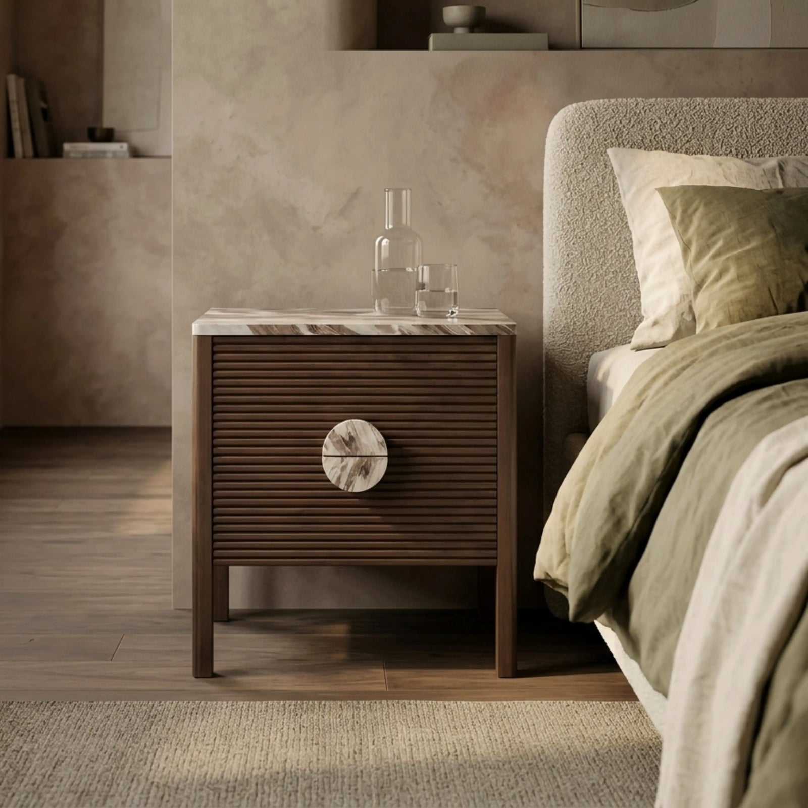 Tana 2 Drawer Bedside Table | French Riviera Honed Marble & Walnut