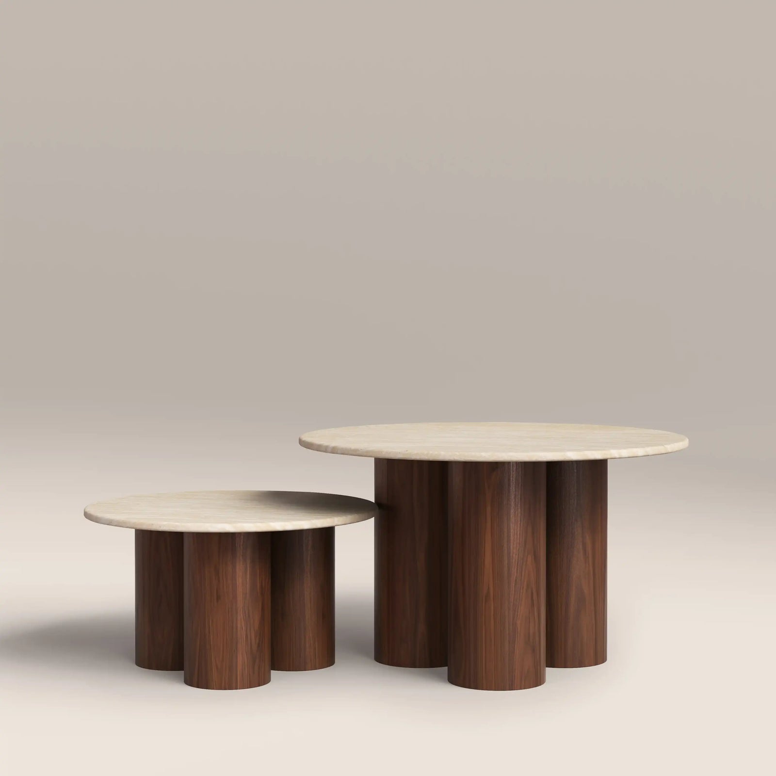 Brynleigh Set of 2 Nesting Round Coffee Tables | Natural Travertine Effect Stone & Walnut