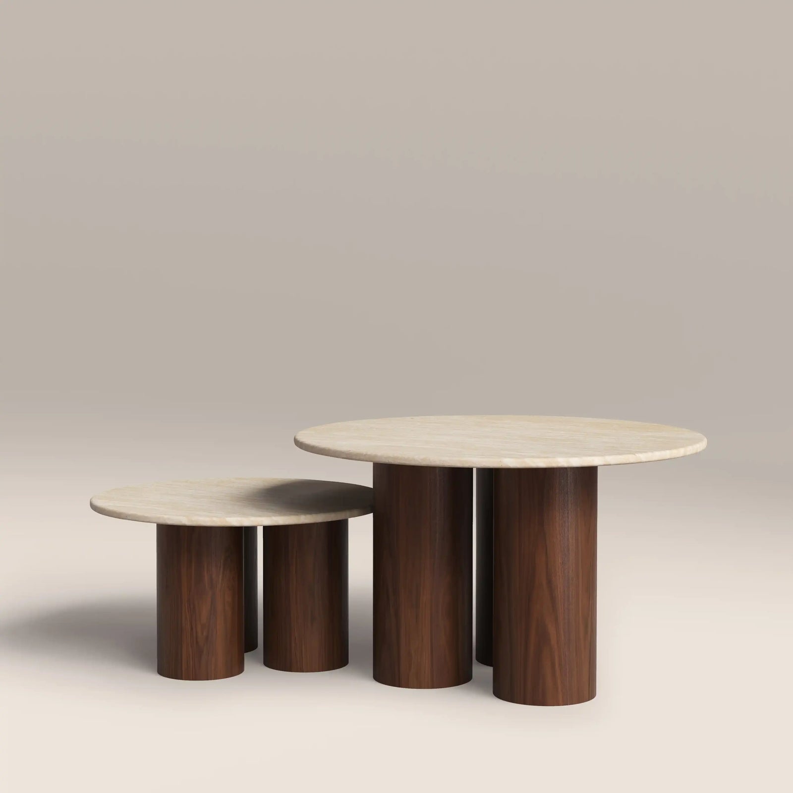 Brynleigh Set of 2 Nesting Round Coffee Tables | Natural Travertine Effect Stone & Walnut