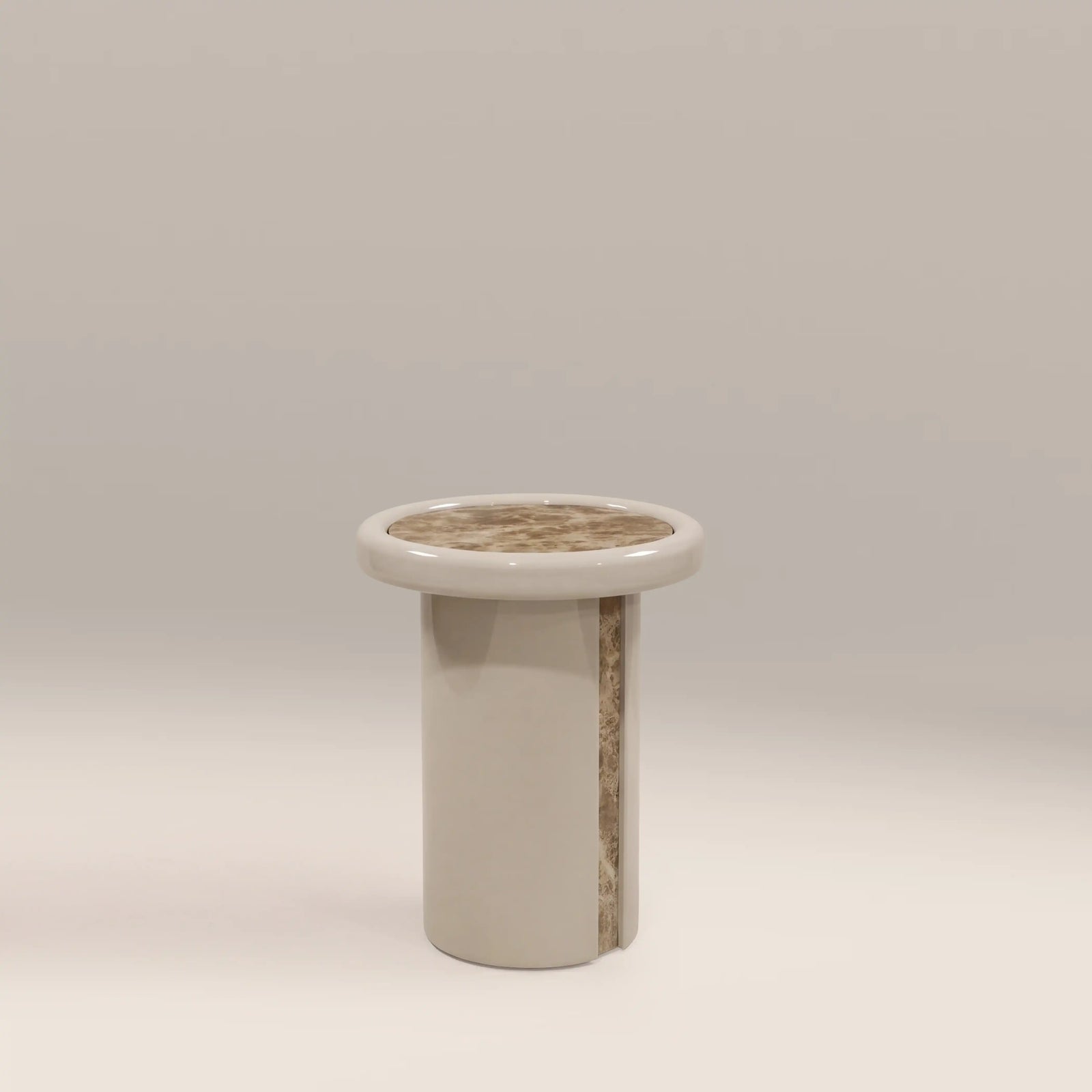 Imani Round Side Table | Cappuccino Brown Marble & High Gloss Latte